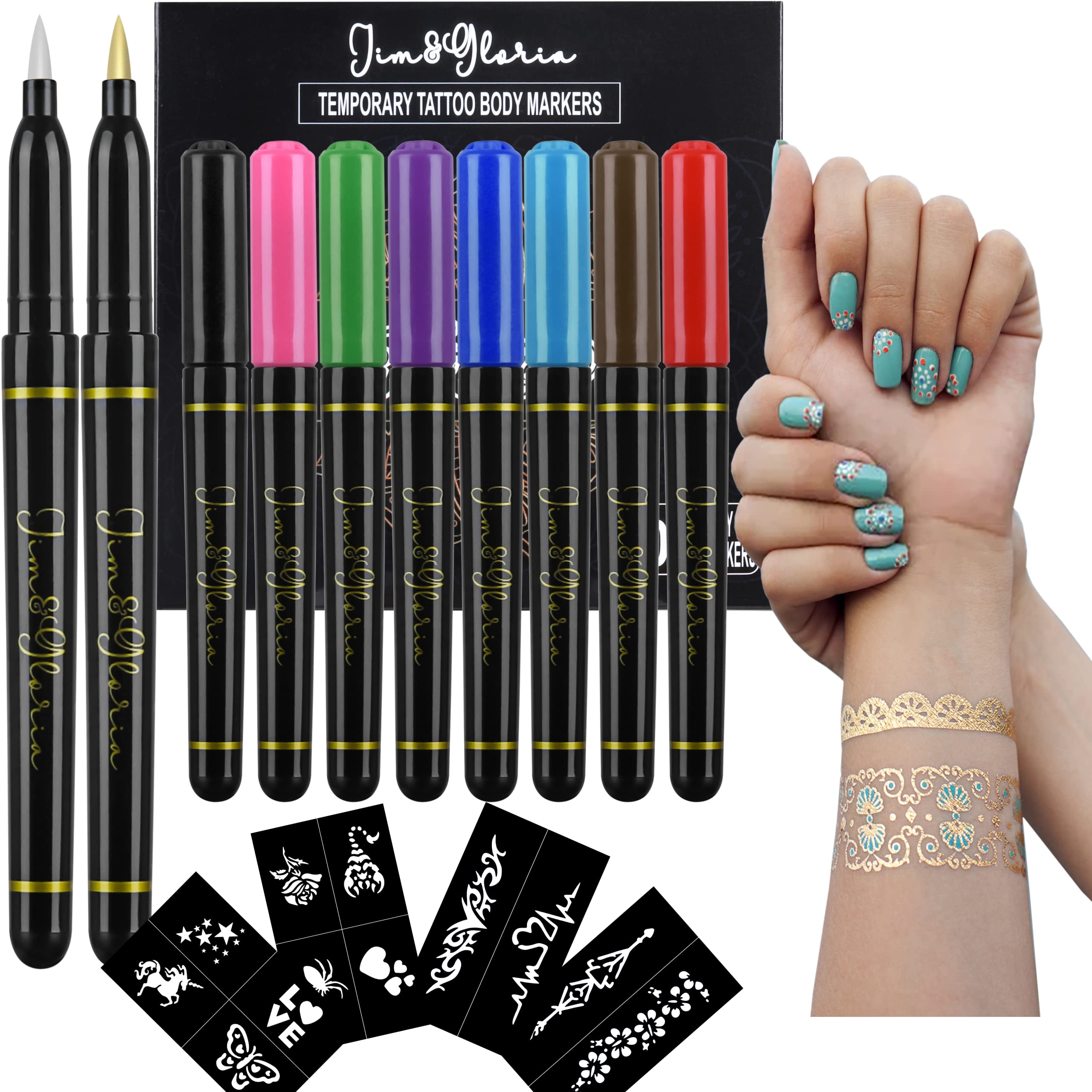 Jim&Gloria Skin Markers Temporary Tattoo Pen 10 Colors With Gold and Silver, Fake Body Paint Tattoos Brush Face Painting Kit Teen Girl Gifts Trendy Stuff Adults & Kids Birthday & Halloween