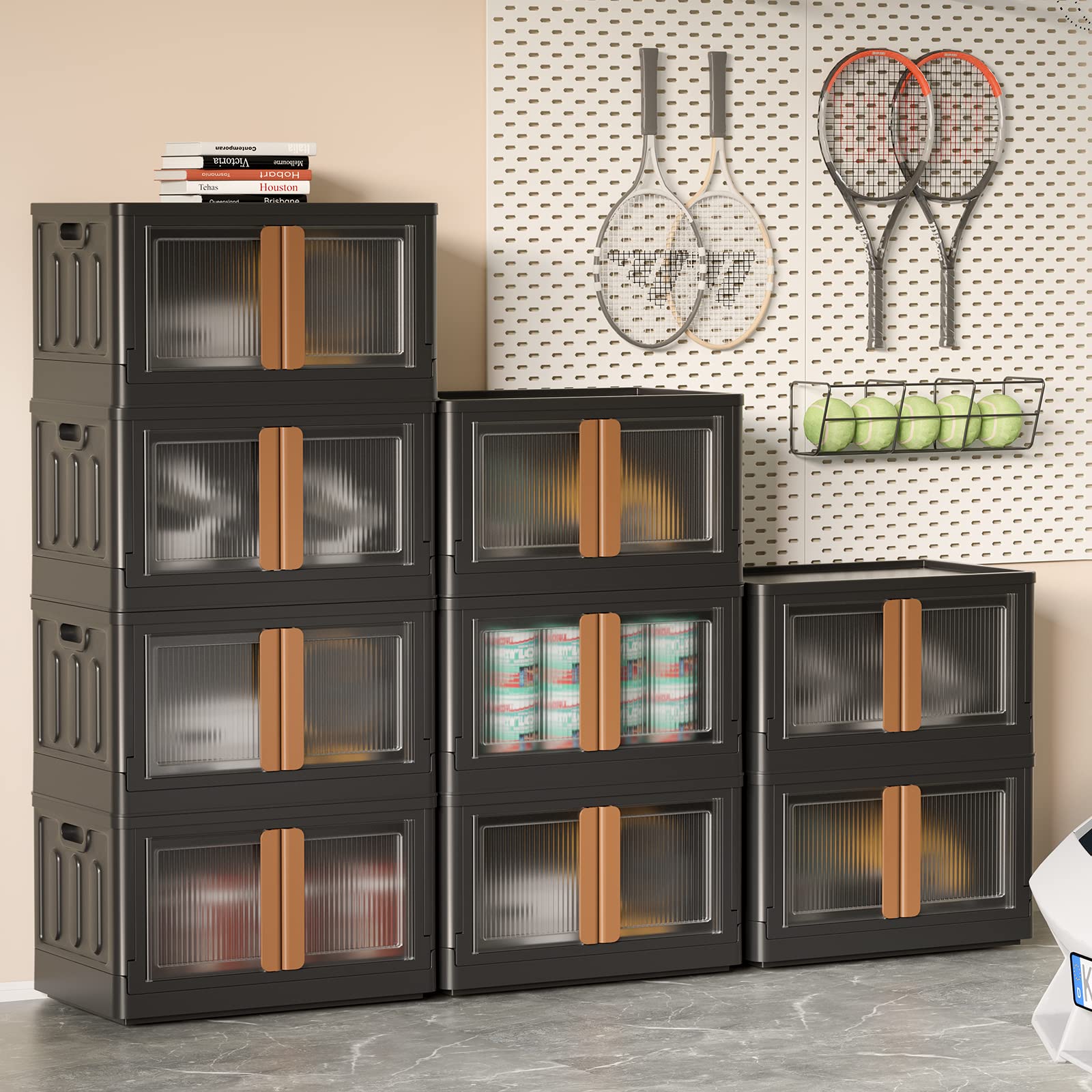 HAIXIN Plastic Storage Bins - 6 Pack, 100Qt Black Heavy Duty Storage Shelving Unit with Wheels, Multifunctional for Pantry, Garage, Dorm, Bathroom, Bedroom, Basement
