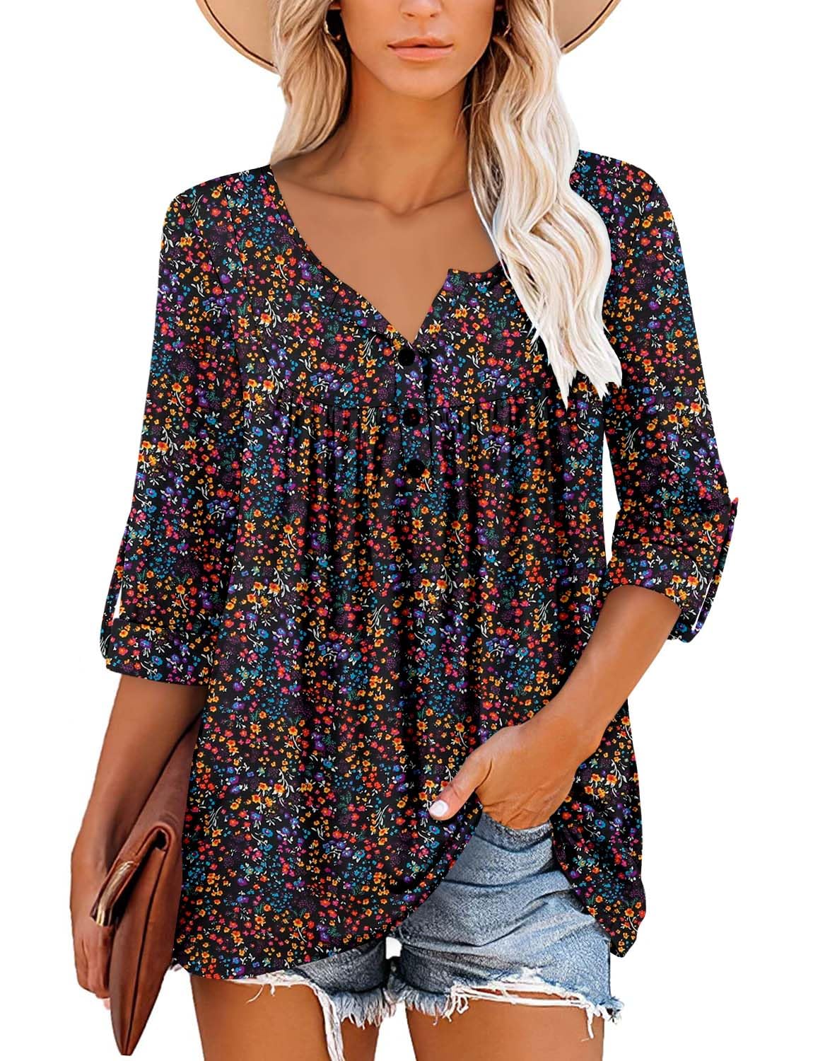 ROSELINLIN Tops for Women Fall Long Sleeve Shirts Bohemian Tops BlackColor M