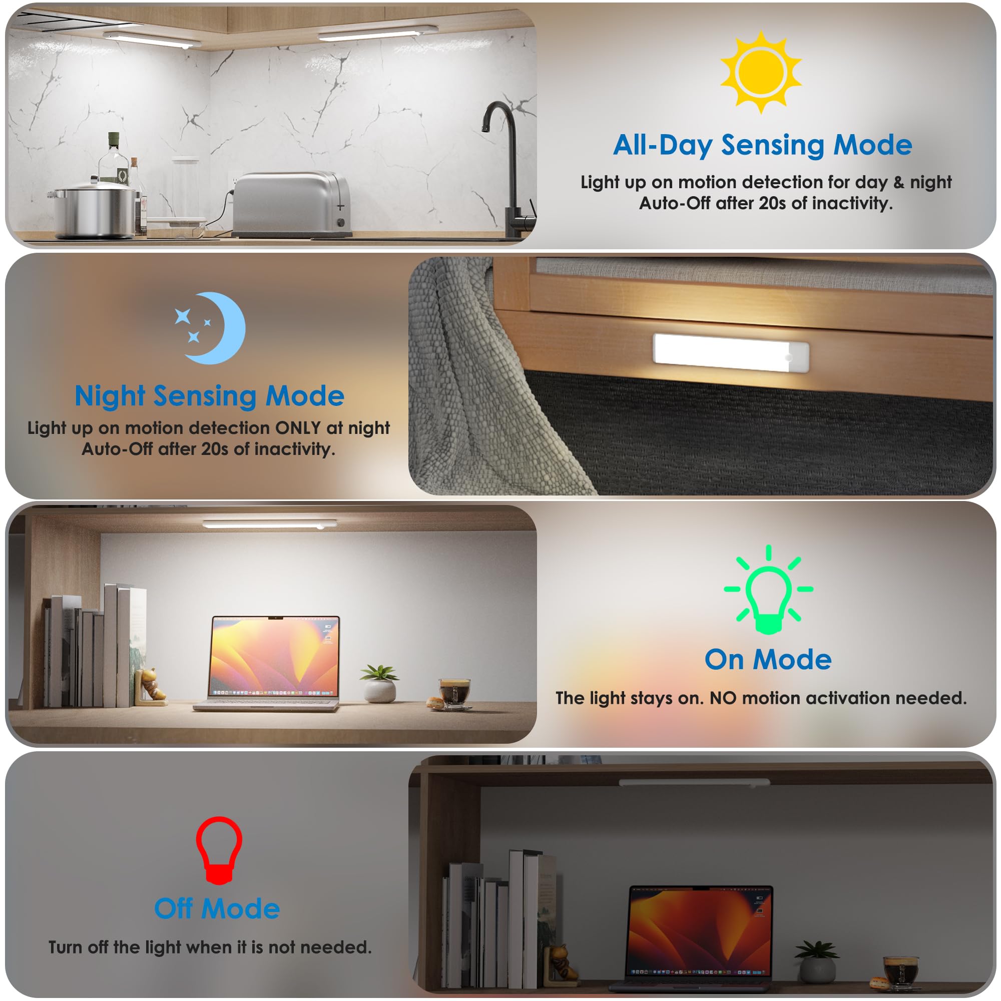 YLXS Motion Sensor Under Cabinet Lights, Magnetic Rechargeable Under Counter Closet Light, Wireless Night Light Bar Stick-On, 2-Pack, Cool White