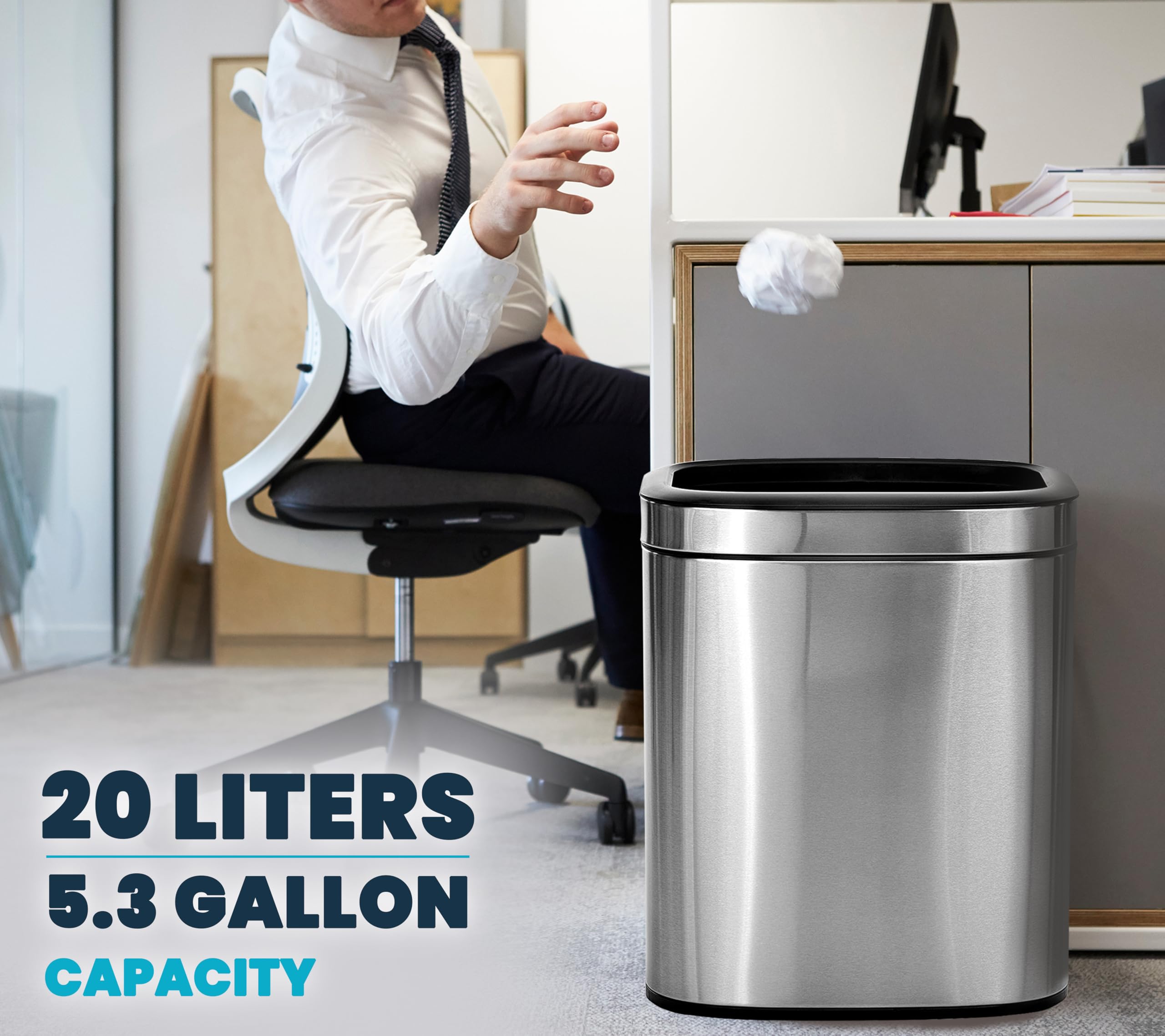 Alpine Stainless Steel Trash Can - Open Top, 20 Liter 5 Gallon Trash Can, Space-Saving Slim Modern Design with Removable Trash Bin, Brushed Stainless Steel Kitchen Trash Can, Silver, 18" x 14" x 9"