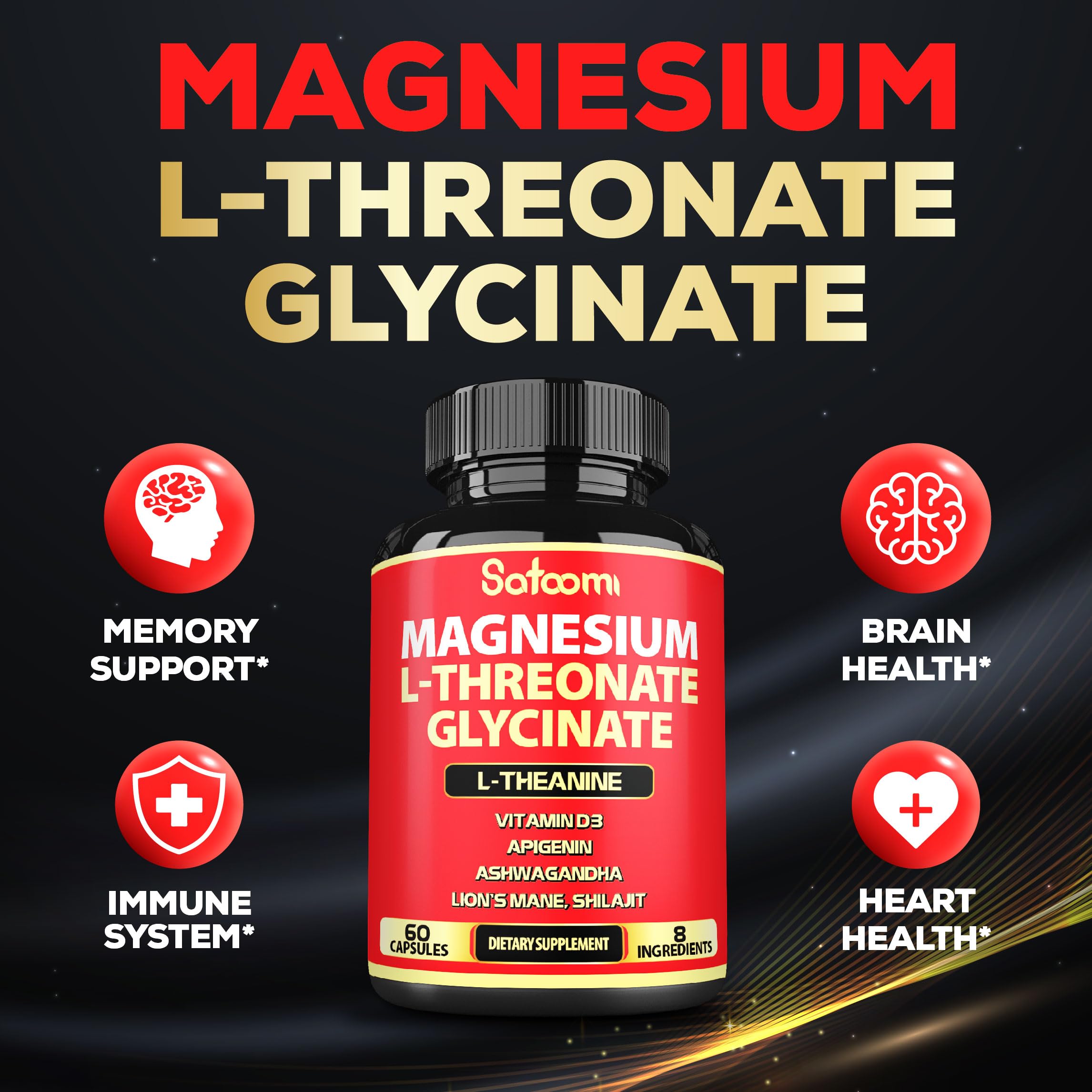 Satoomi 8in1 Magnesium L-Threonate and Glycinate - Plus Ashwagandha, L-Theanine, Lions Mane Vitamin D3 and More - Supports Brain Health & Memory - 60 Count