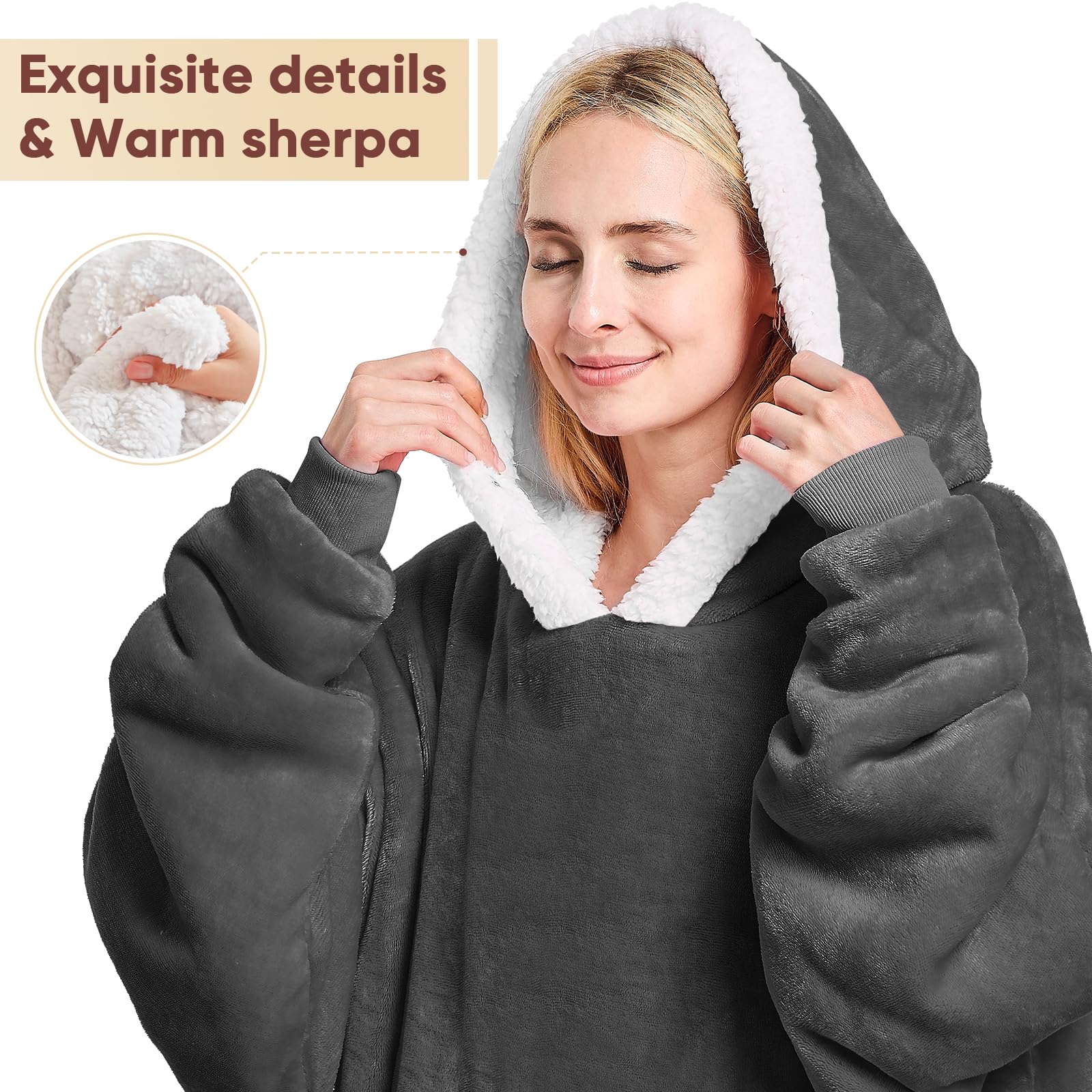 yescool Wearable Blanket Hoodie - Birthday Christmas Gifts for Women Mom Girlfriend, Oversized Flannel Sherpa Cozy Hooded Blanket Sweatshirt Adult With Hood Pocket & Sleeves, One Size Fits All (Grey)