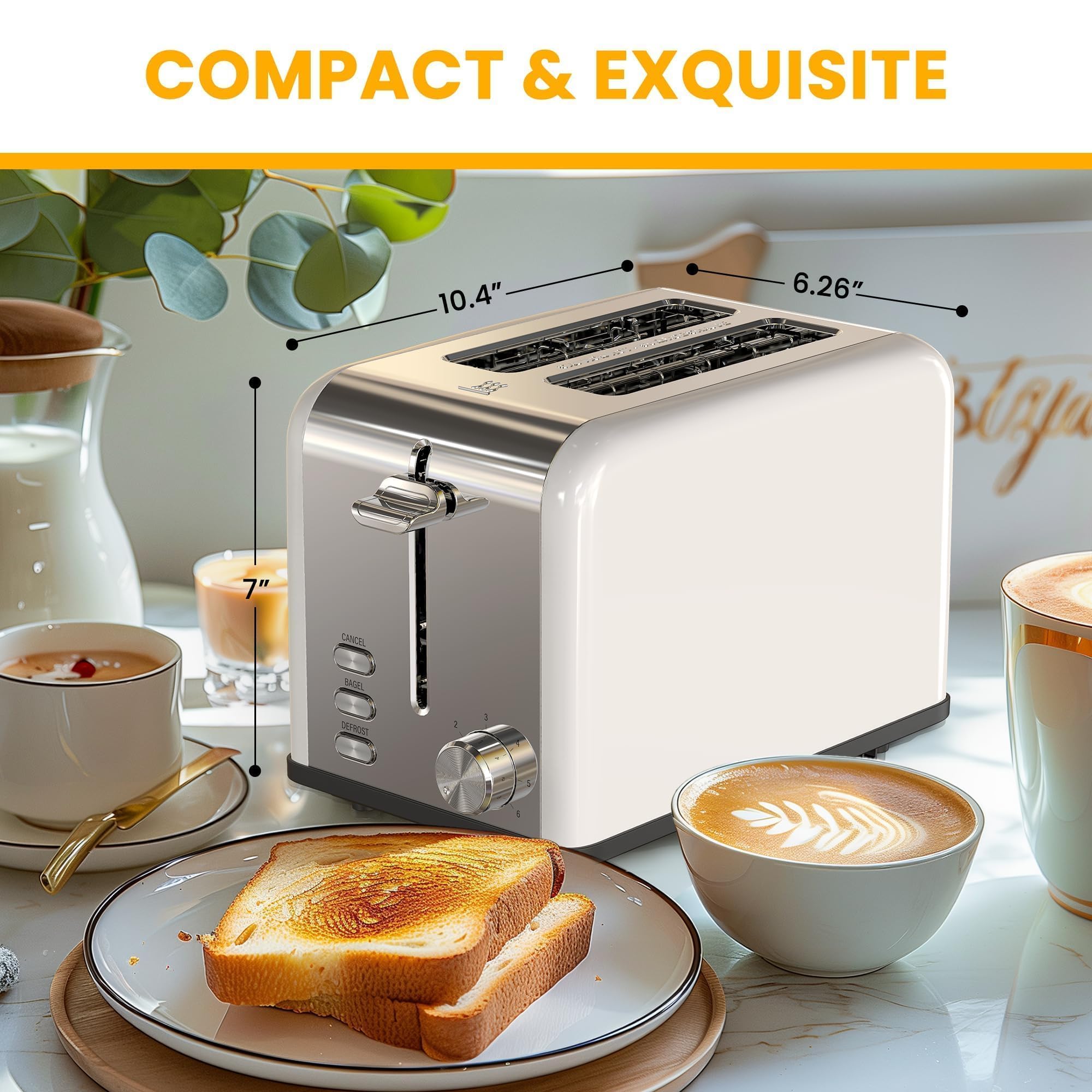 Simple Deluxe 2-Slice Toaster, Stainless Steel Construction with 6 Browning Levels & 3 Cooking Functions, Extra Wide Slots & Removable Crumb Tray for Easy Cleaning, White