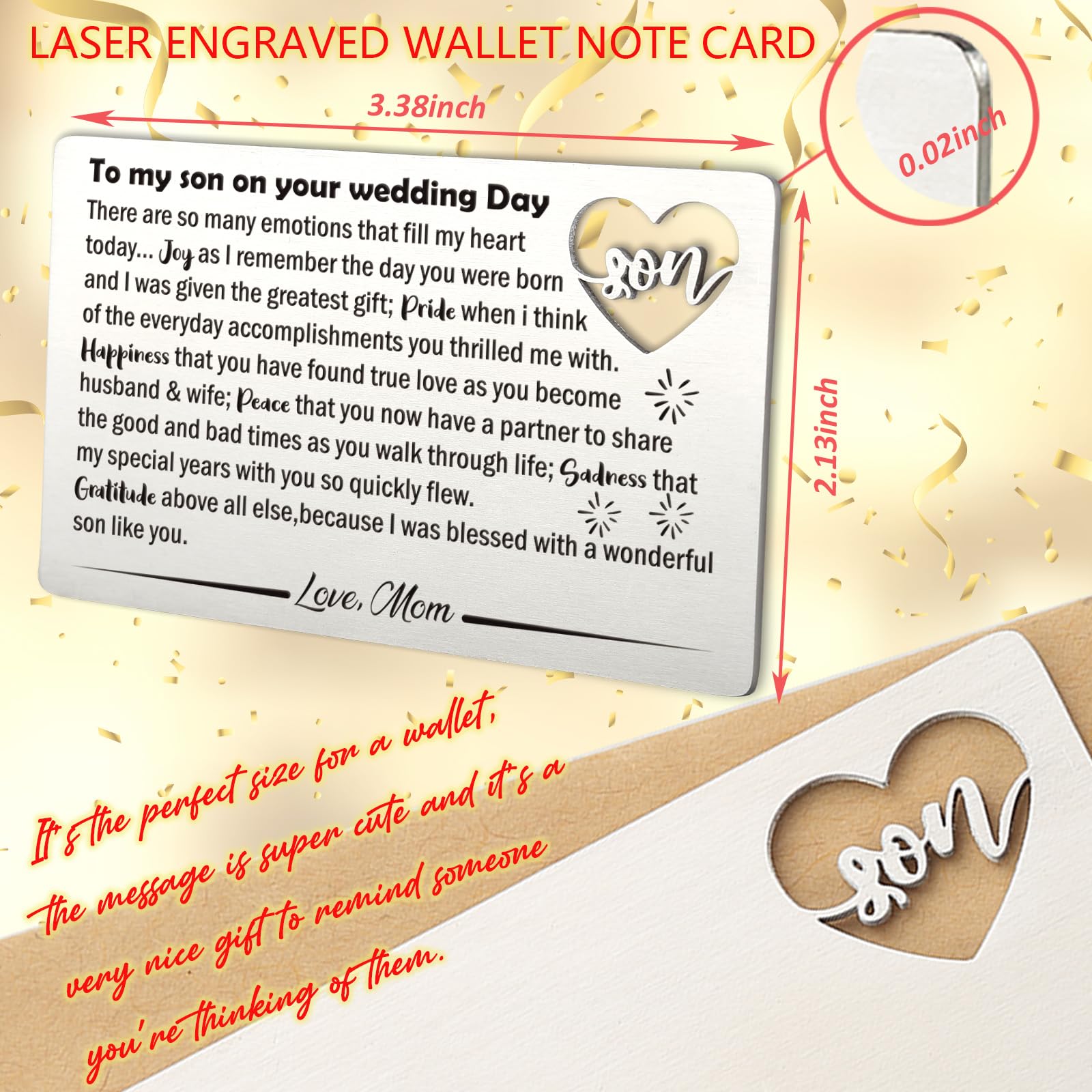 YODOCAMP Son Wedding Gifts from Mom, Engraved Wallet Card Insert for Son on His Wedding Day, Groom On Wedding Day Card Gift Ideas, Son Wallet Card from Mother