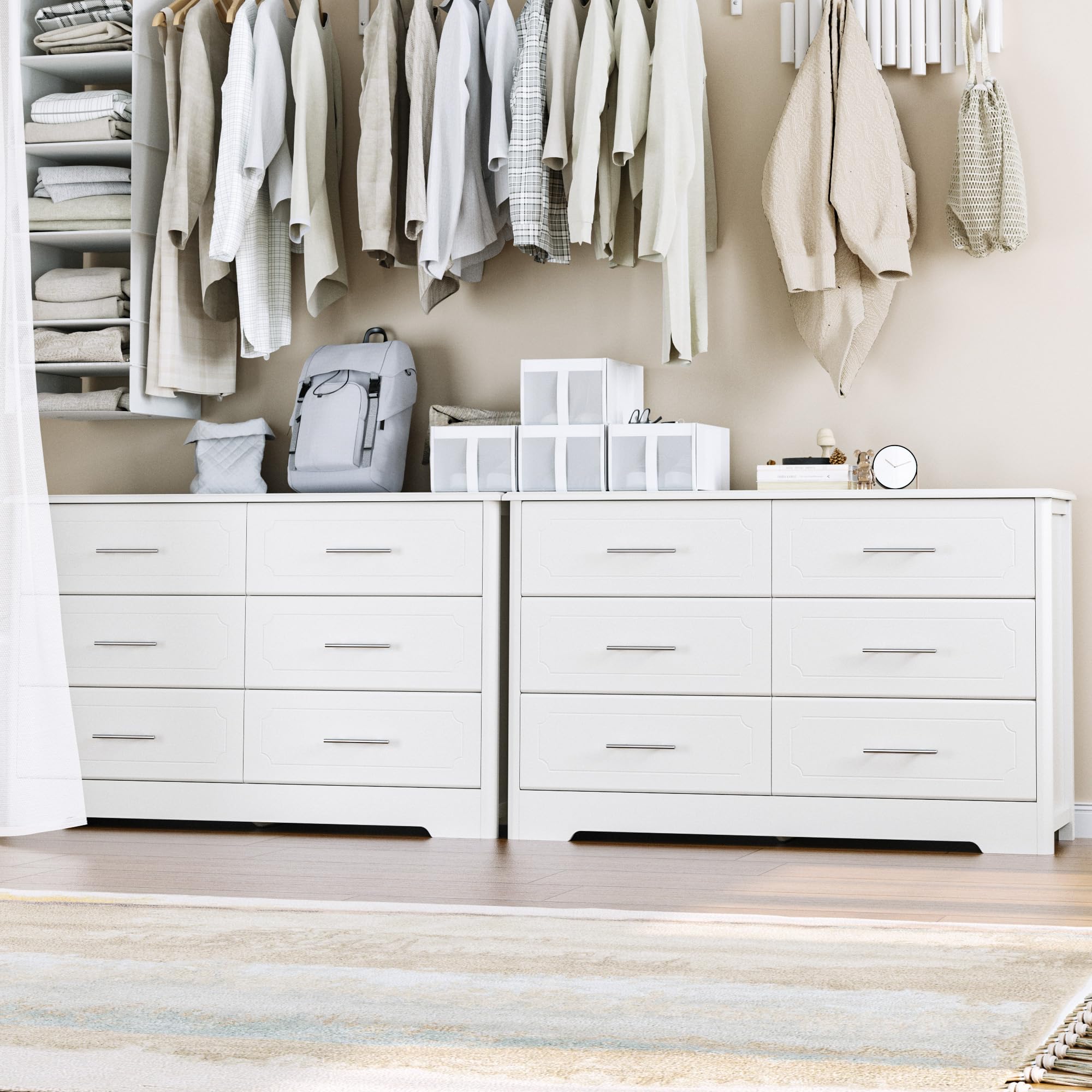 HOSTACK 6 Drawer Dresser, Modern White Wide Chest of Drawers with Metal Handels, Wood Double Dresser, Storage Chest Organizers for Living Room, Hallway, Entryway, White