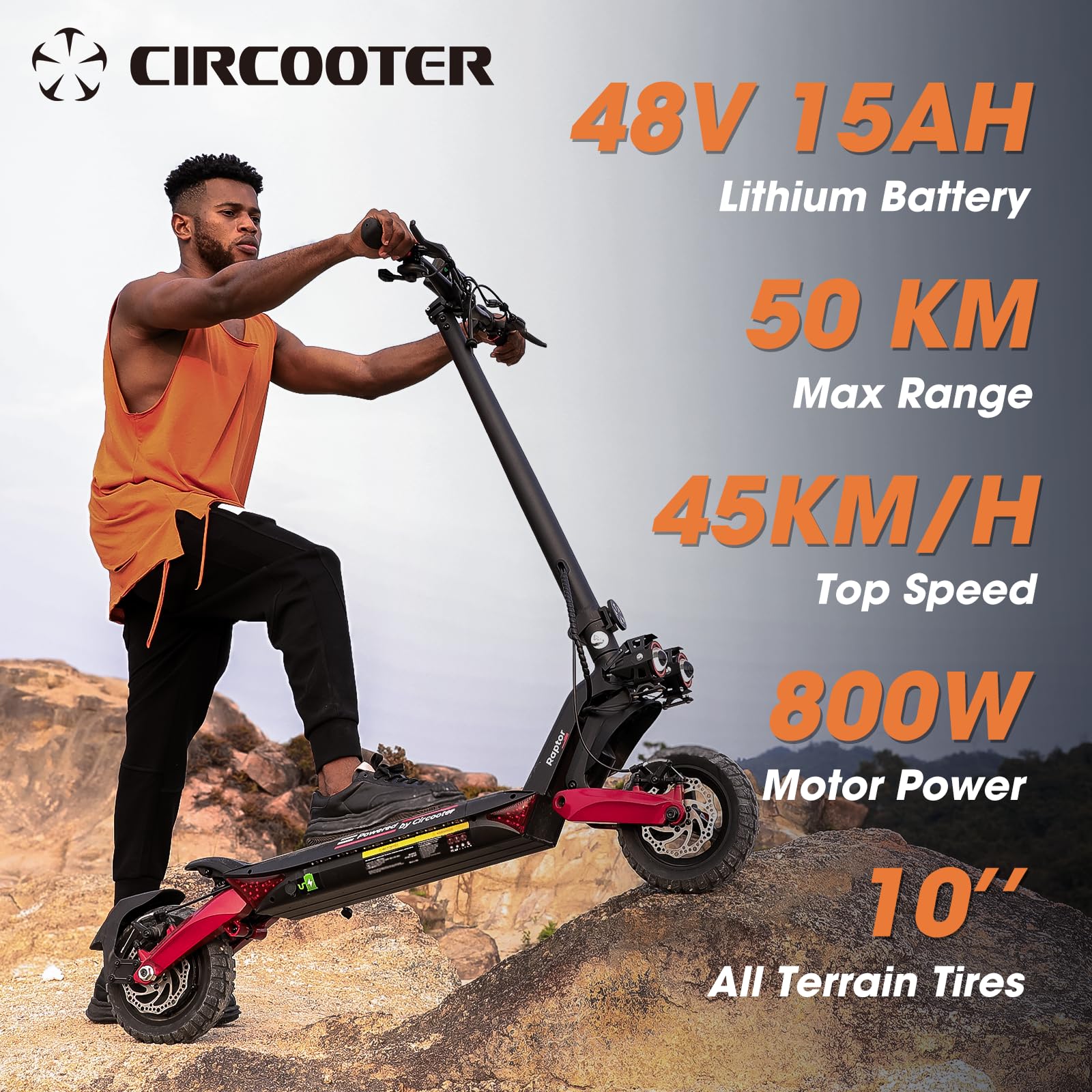 Circooter Raptor Electric Scooter Adult with Smart APP, 800W Motor, 28 Mph Top Speed, 25 Miles Range, 10 inches All Terrain Tires Off Road E Scooter, Dual Charger Ports & Storage Bag - Raptor