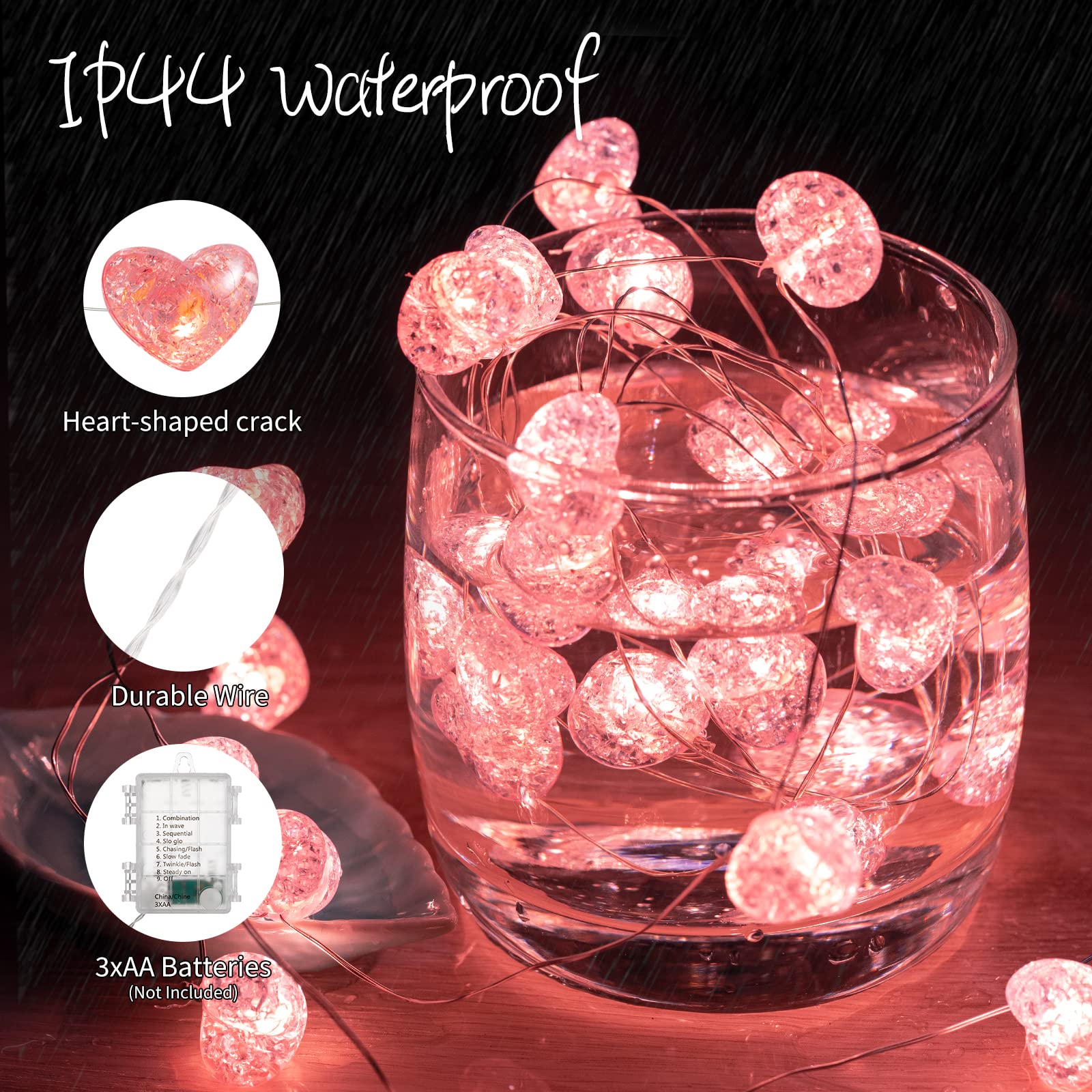 Valentine’s Day Fairy String Lights - 10.5 ft 30 LED Pink Heart Battery Operated Fairy Lights with Timer and Remote, Twinkle Heart Lights for Wedding DIY Indoor Christmas Gift Valentine's Day