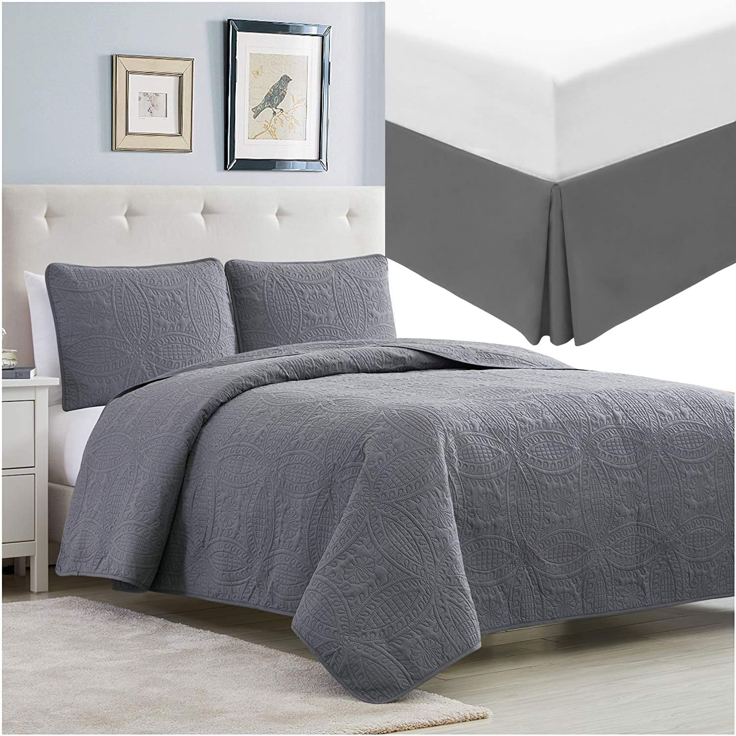 Mellanni Bedspread Coverlet Set + Pleated Bedskirt Bundle&Save - Bundle Includes: 3 Piece Quilt Set and 15-Inch Tailored Drop Pleated Dust Ruffle (King, Gray)