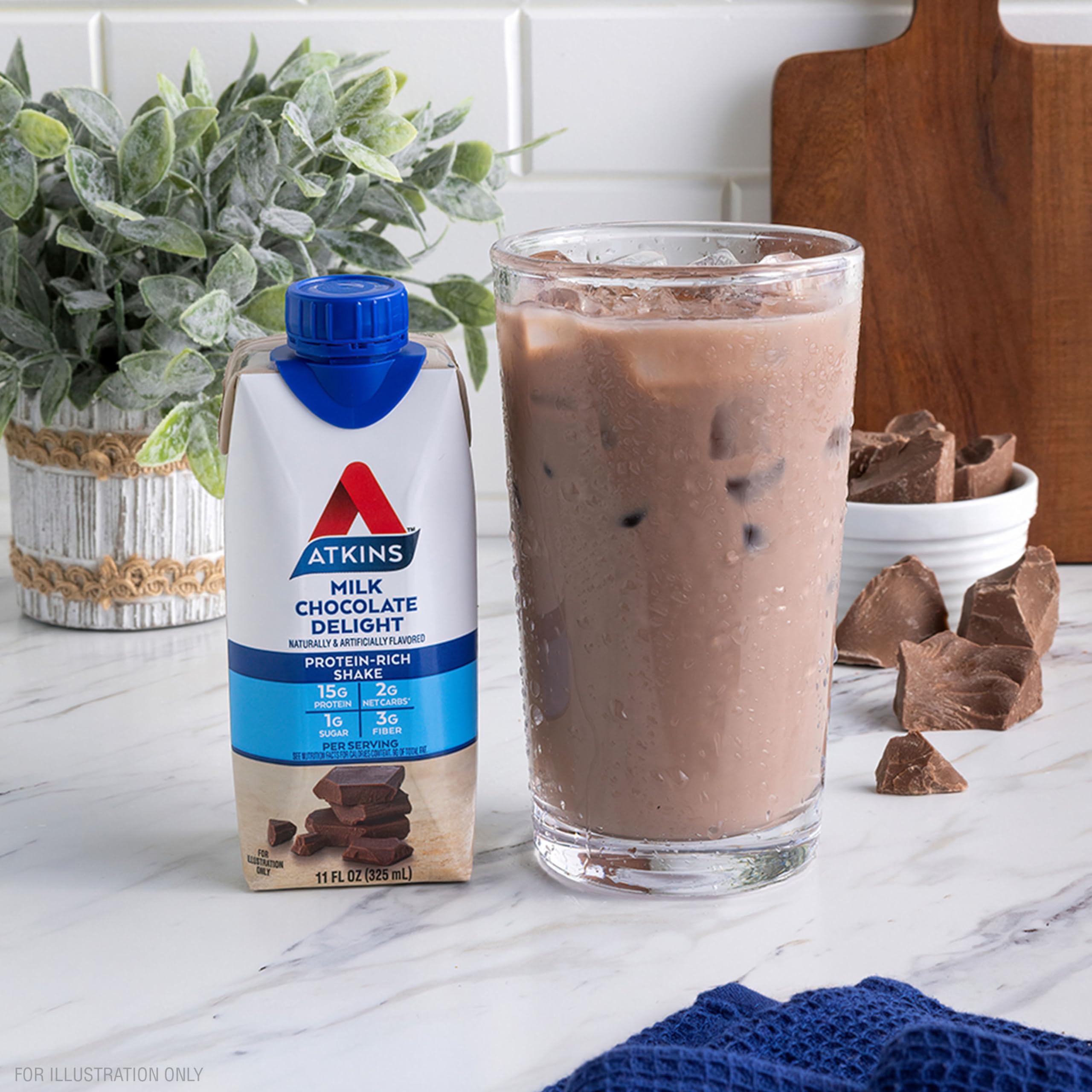 Atkins Milk Chocolate Delight Protein Shake, 15g Protein, Low Glycemic, 2g Net Carb, 1g Sugar, Keto Friendly, 12 Count