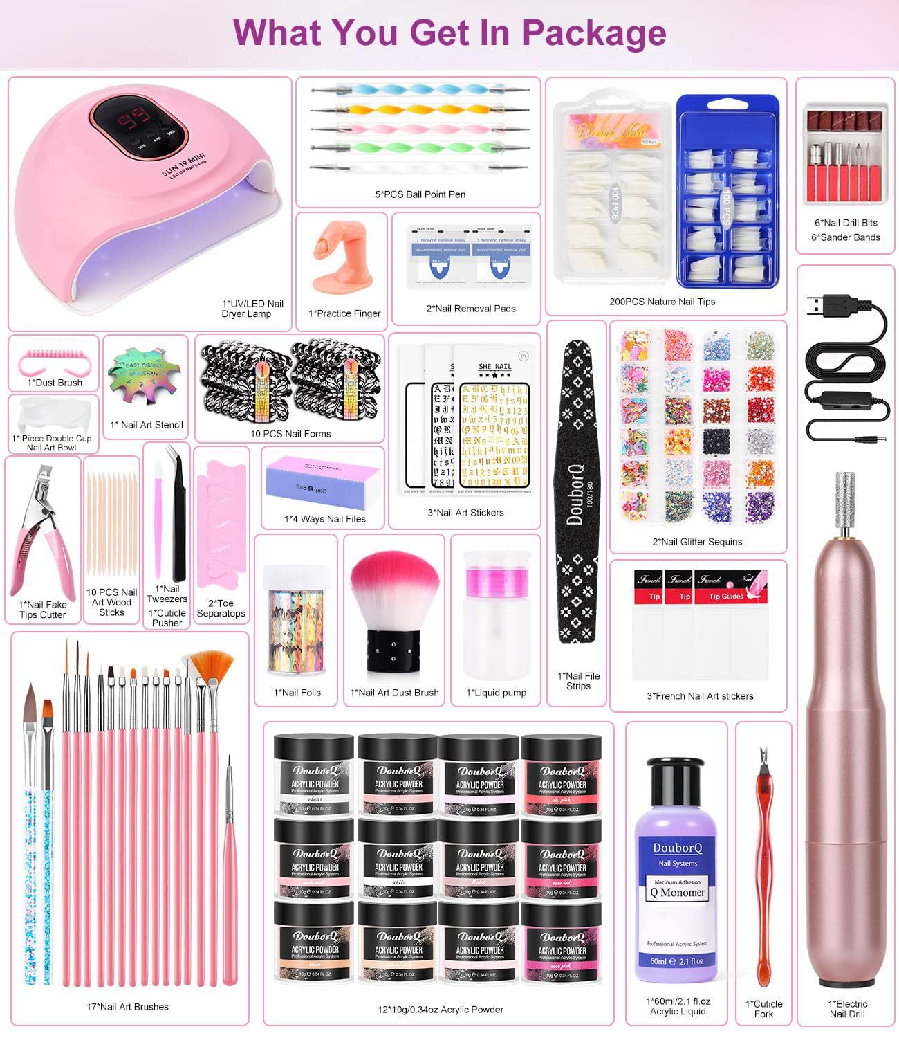 Acrylic Nail Art Kit-Nail Art Manicure Set Acrylic Powder Brush Glitter File French Tips U V Lamp Nail Art Decoration Tools Nail Drill kit for beginners with everything at home