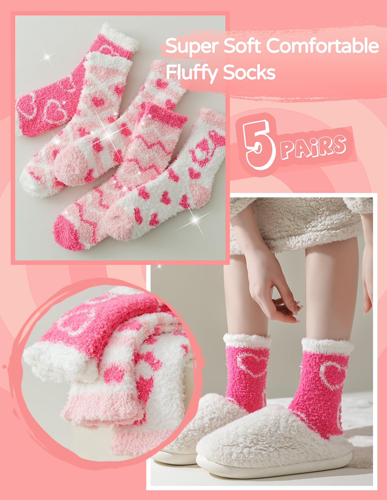 TEHOOK Valentines Gifts-Warm Fuzzy Cozy Fluffy Soft Socks-Pink Heart Valentines Socks-Valentines Day Gifts for Her Girlfriend Wife Women Girls-Valentines Basket Stuffers