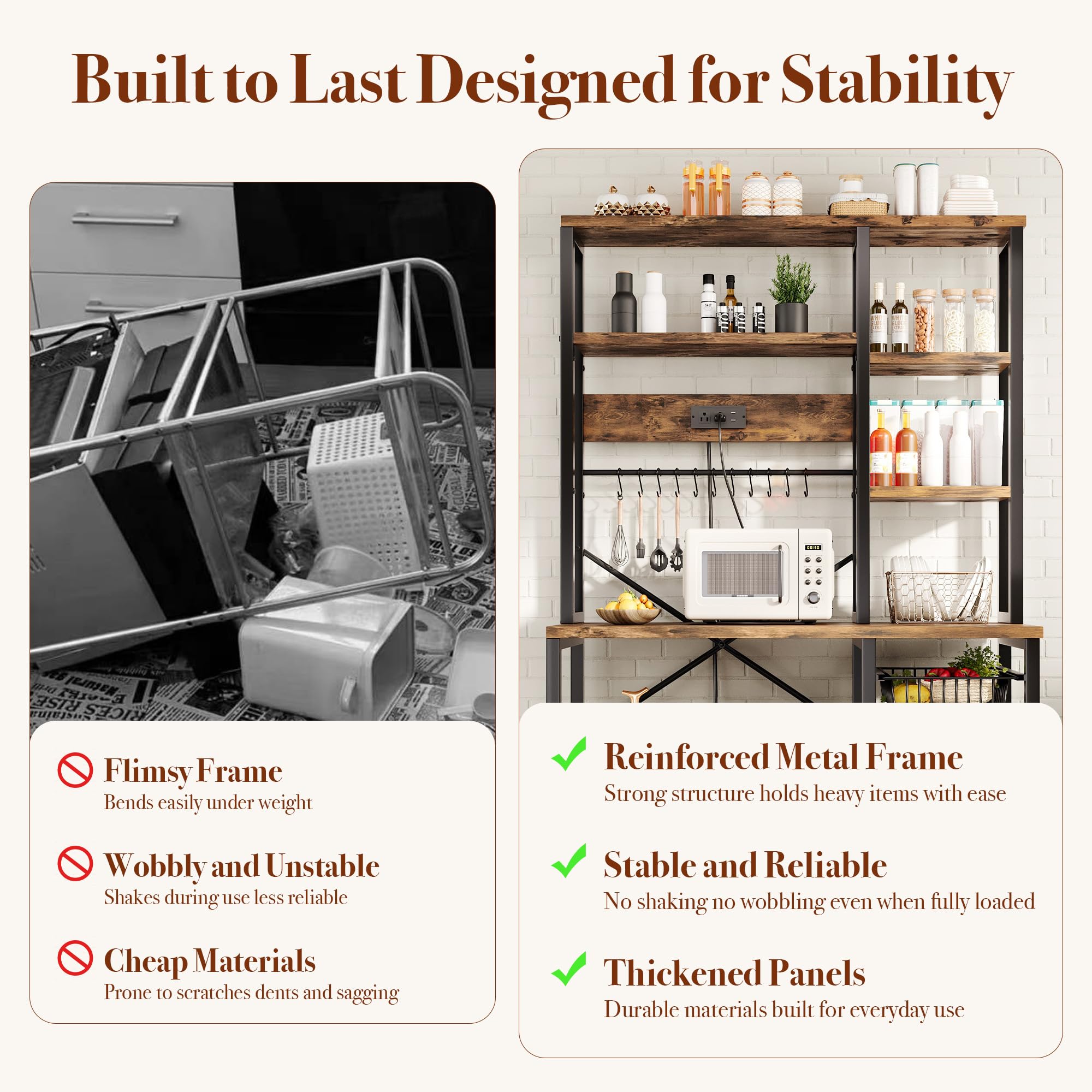 GRUSIGN Kitchen Bakers Rack with Storage, 6-Tier Coffee Bar Station with Power Outlet, Microwave Stand with 12 S-Shaped Hooks, Open Kitchen Storage Shelves for Spices, Pots and Pans, Rustic Brown