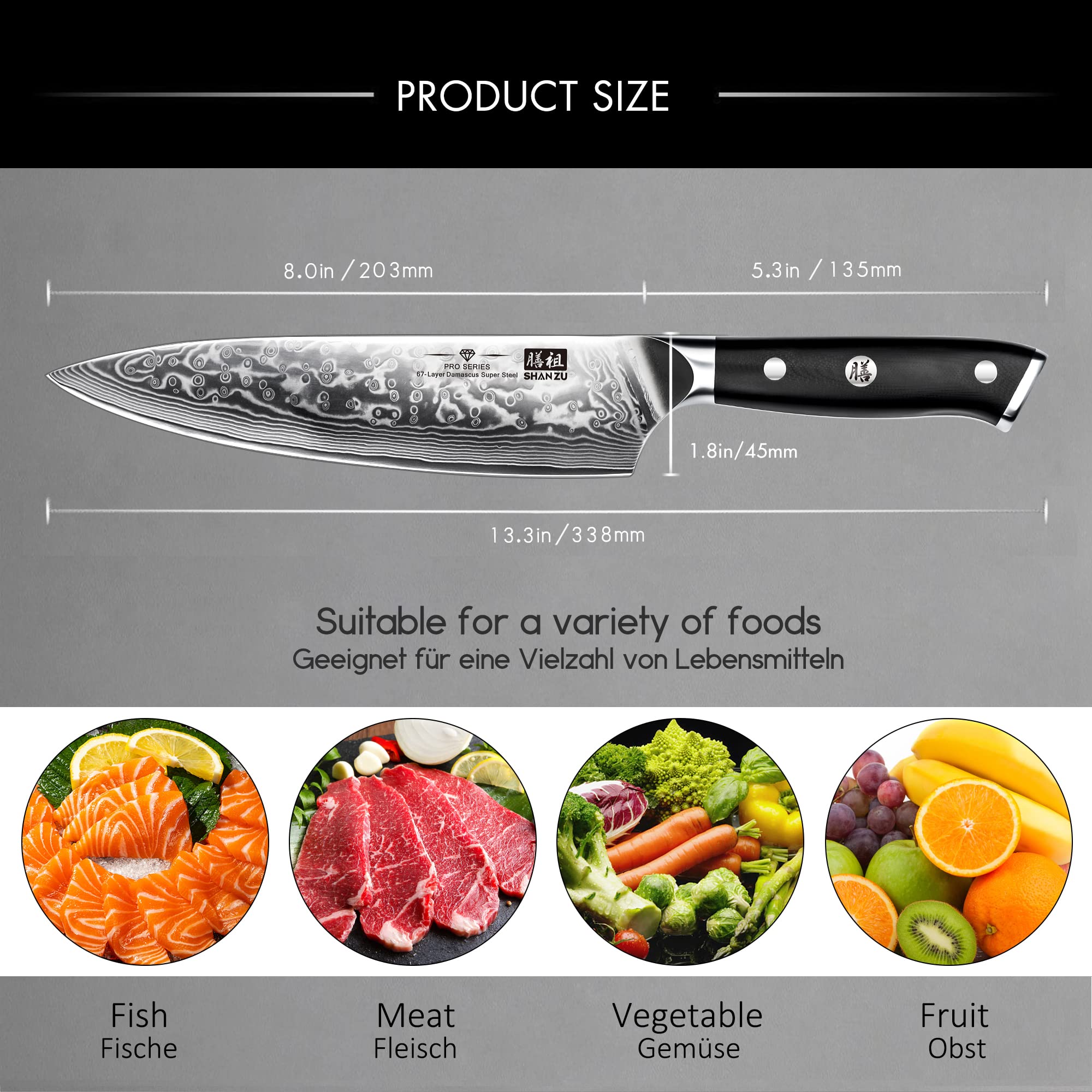 SHAN ZU Chef Knife 8 Inch Japanese Steel Damascus Kitchen Knife, Professional Kitchen Knives Sharp High Carbon Super Steel Kitchen Utility Knife