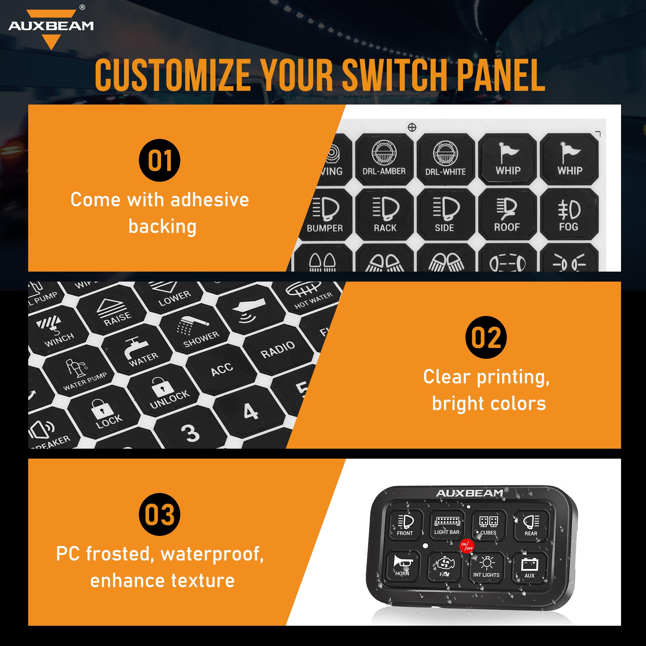 Auxbeam Switch Panel Sticker for 6/8 Gang Switch Panel Label Decal for Circuit Panel Marine Boat Truck Camper Dashboard Switch Control Labels, 160PCS