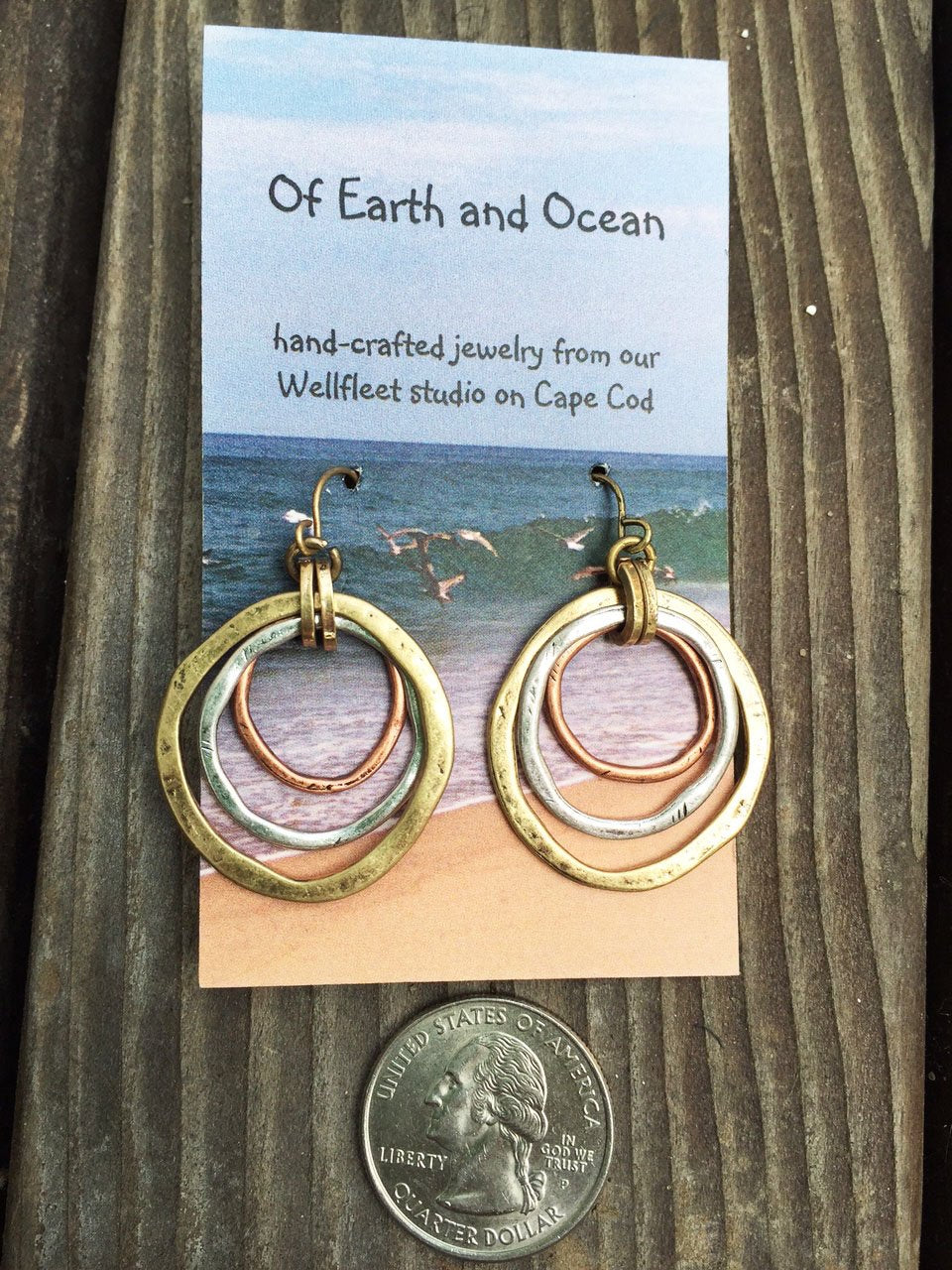 Handmade Sunrise Tricolor Dangle Earrings - Burnished Circles, Copper, Brass and Silverplated