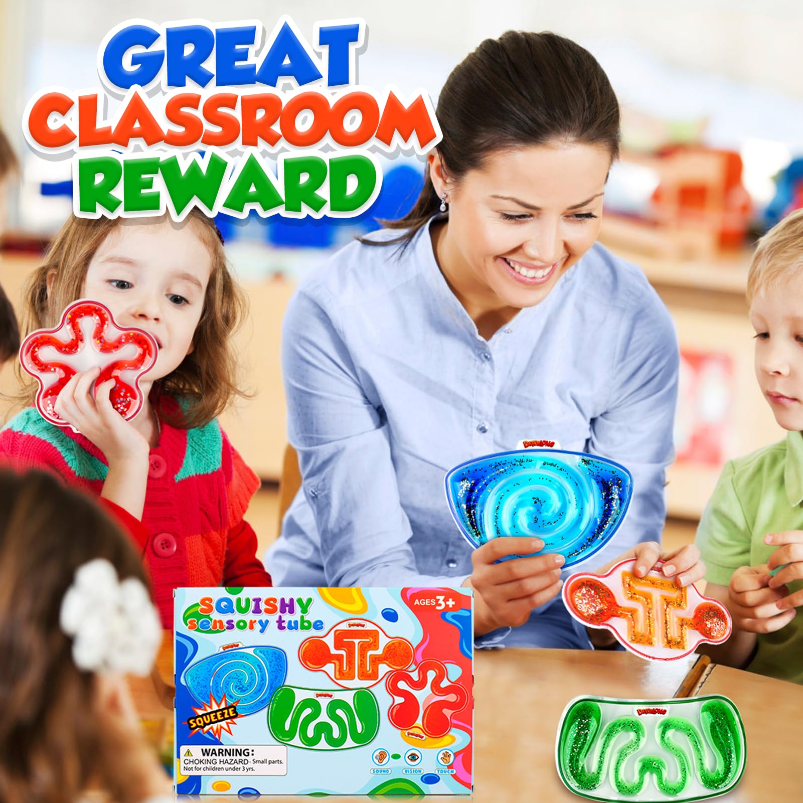 Squishy Sensory Toys for Kids - 4 Pack Fidget Toy Sensory Maze for Autism - Stress Relief Toys for Calm Down - Squeeze Fidget Toy Filled Goo, Glitter, Prizes for Kids Classroom, Easter Basket for Kid