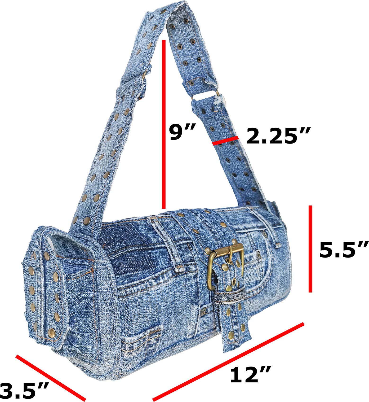 Upcycling Blue Denim Jeans Punk Brass Rivet Studded Buckle Belt Decorative Barrel Shoulder Handle Handbag Purse