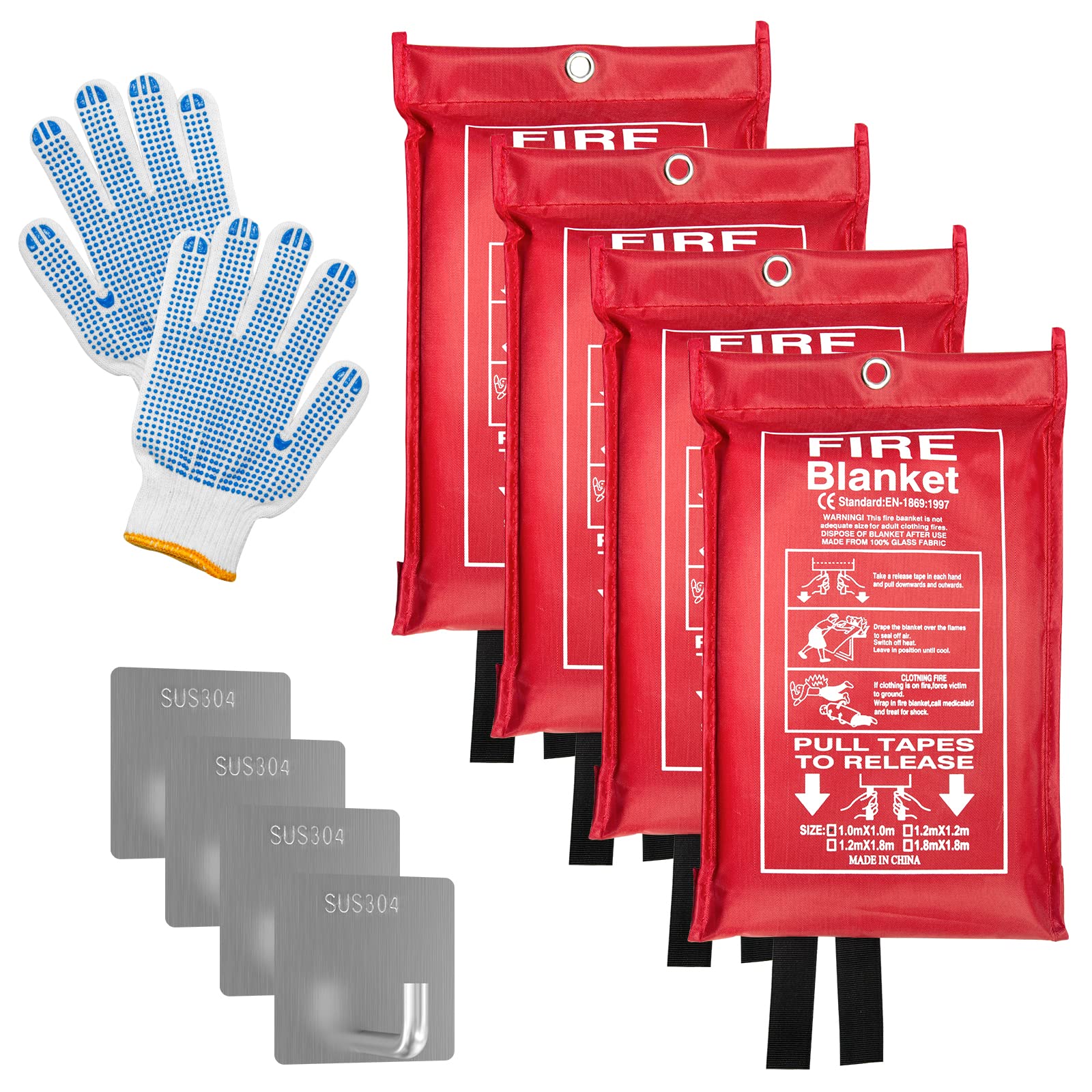 Emergency Fire Blanket (4 Pack, 40 in X 40 in) + 4 Hooks &1 Gloves, Fiberglass Fireproof Fire Blanket for Home and Kitchen, Camping, Grill, Car, Warehouse