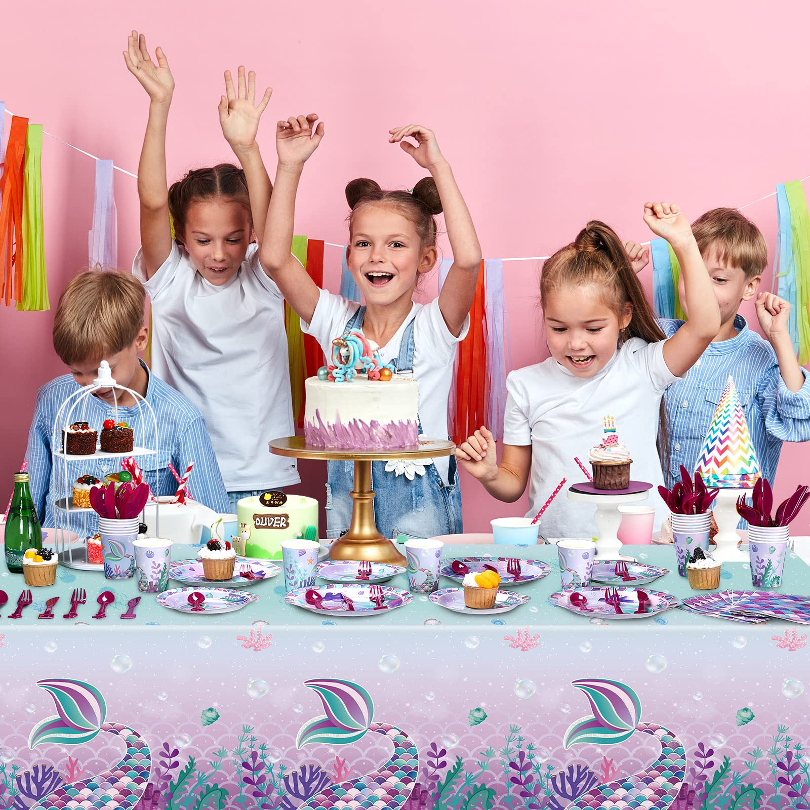 172 Pcs Mermaid Party Supplies Mermaid Birthday Set for Girls, Including Plate, Napkin, Cup, Knife Fork and Spoon, Tablecloth Set for Mermaid Under the Sea Baby Shower Party Decor, Serves 24 Guests