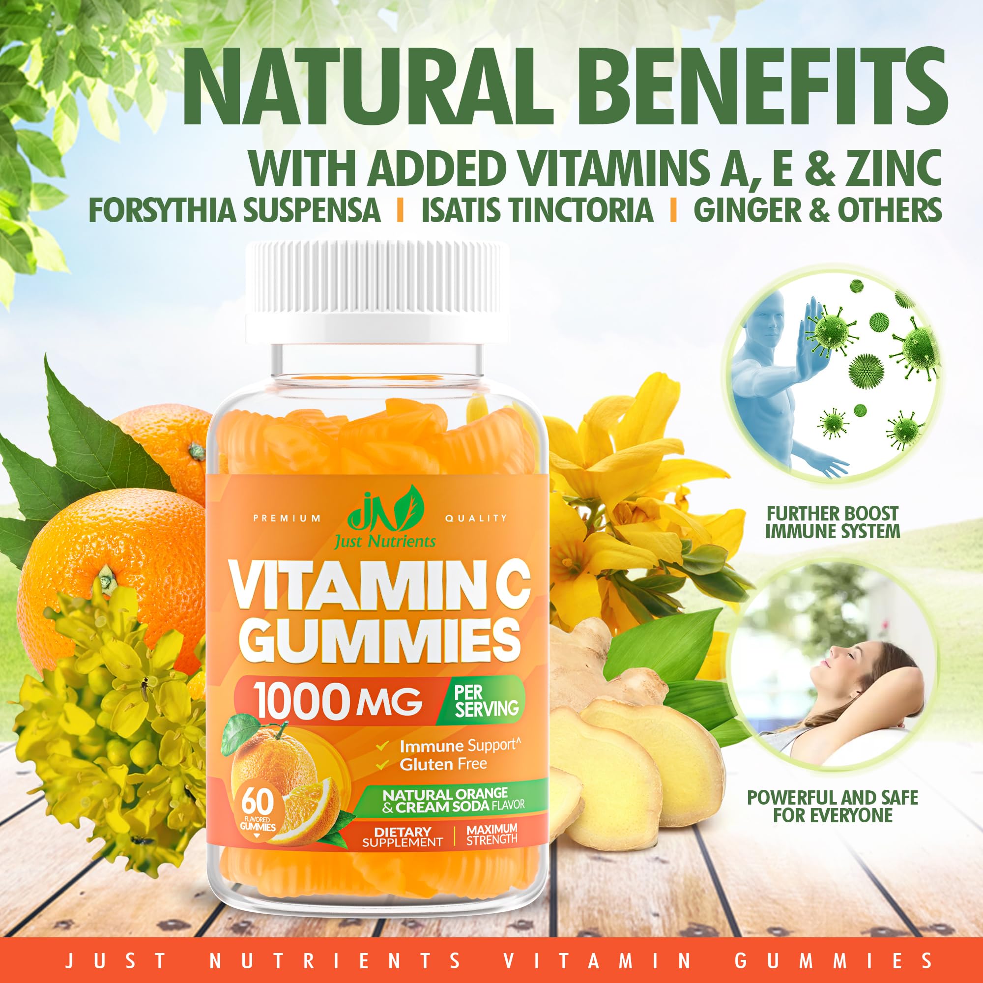 Vitamin C 1000mg Gummies for Adults & Kids – Multivitamin with Zinc & Herbal Extracts for Immune & Collagen Support for Skin – Orange Flavor – Gluten Free, Non-GMO, Vegetarian – 60 Gummies