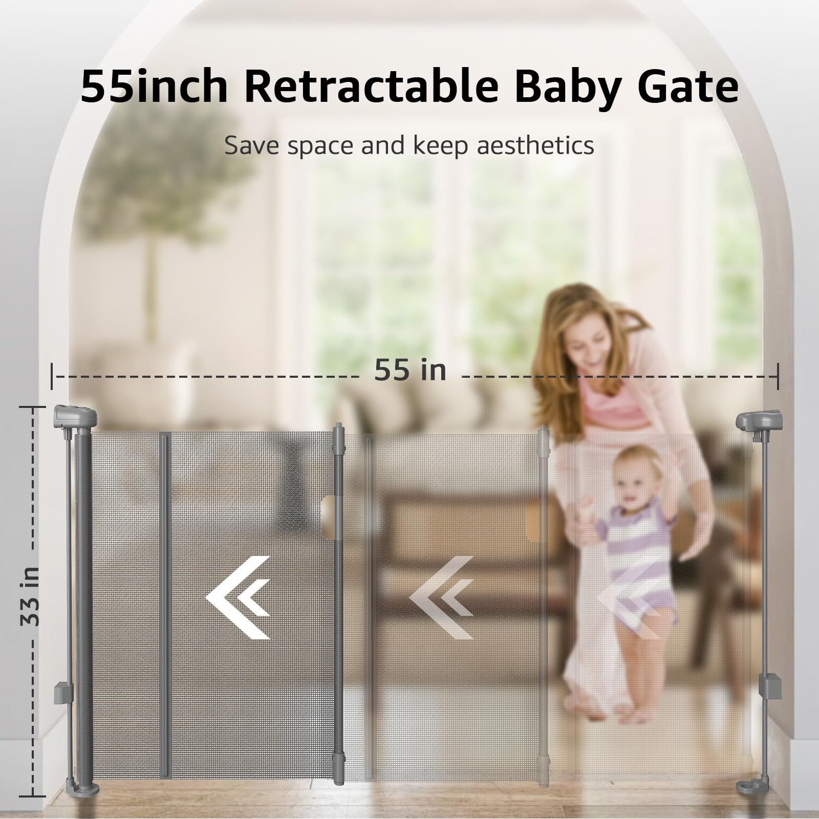 Retractable Baby Gate with Reinforced Strips, 33"*55" One-Side Operation Mesh Baby/Dog/Pet/Cat Gate, Child Safety Retracable Gate with 2 Avoid Skirting Board for Doorways Indoor/Outdoor, Grey