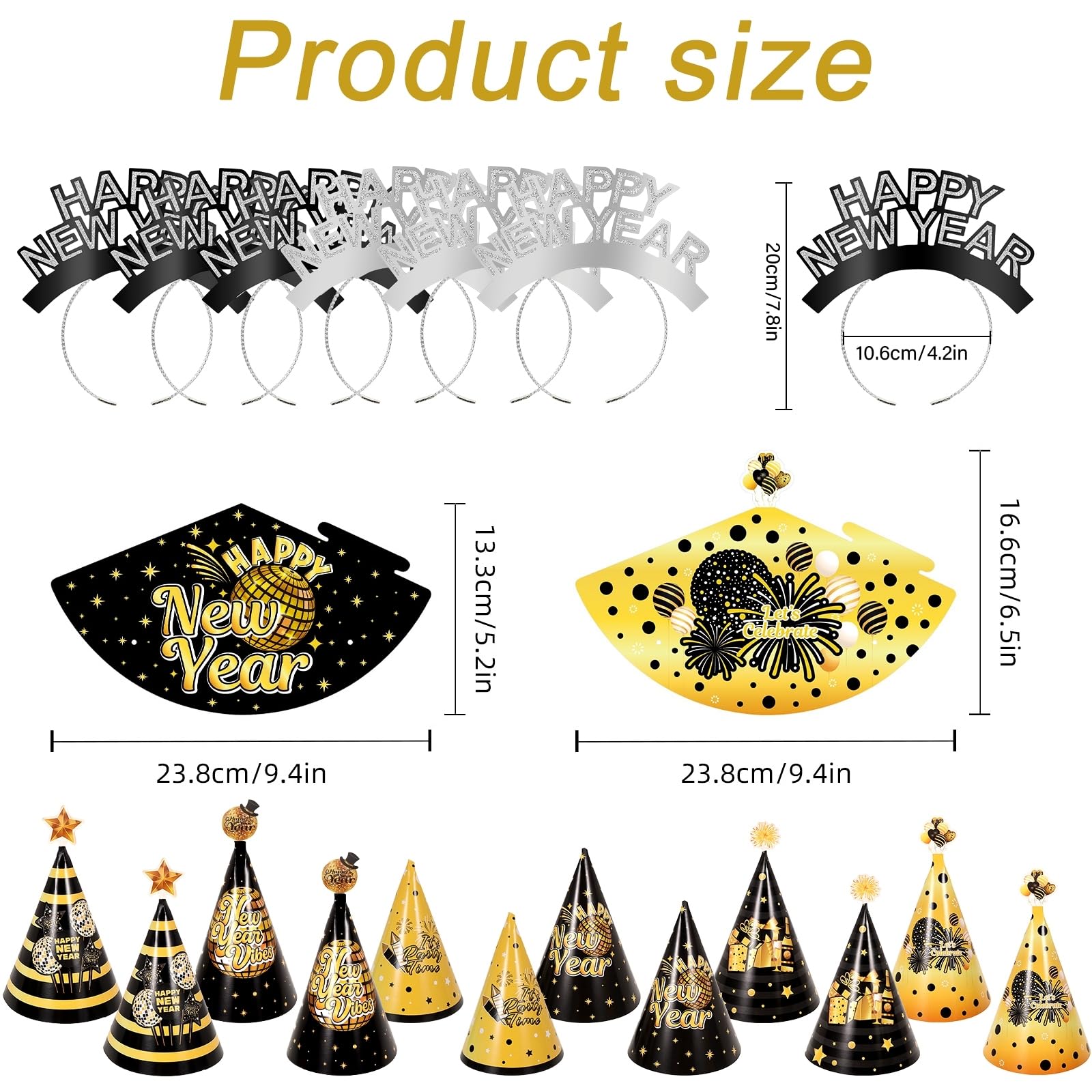 80 Pcs New Years Eve Party Supplies 2025 Happy New Year Decorations - Include Happy New Year Banner, Cone Hats, Tiaras, Balloons, Fringe Curtain and New Year Photo Props