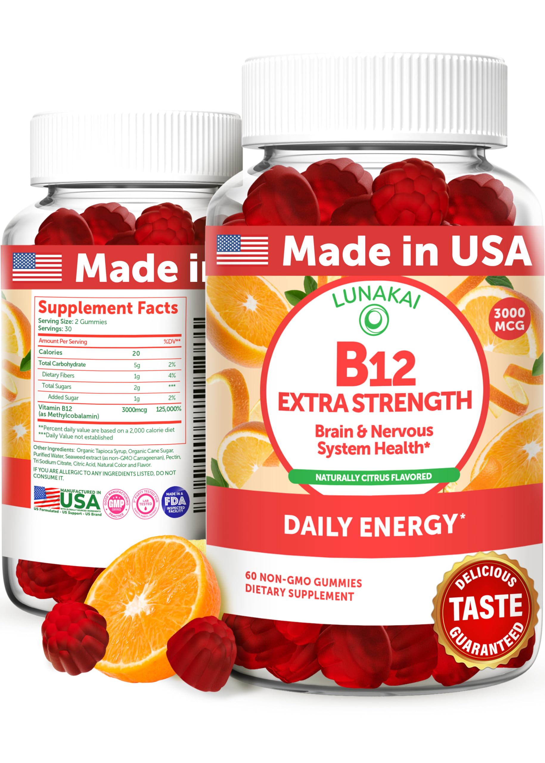 Lunakai Extra Strength 3000mcg Vitamin B12 Gummies - US Made, Delicious, Daily Energy and Metabolism Boost - Vegan B12 Methylcobalamin Supplement 60ct