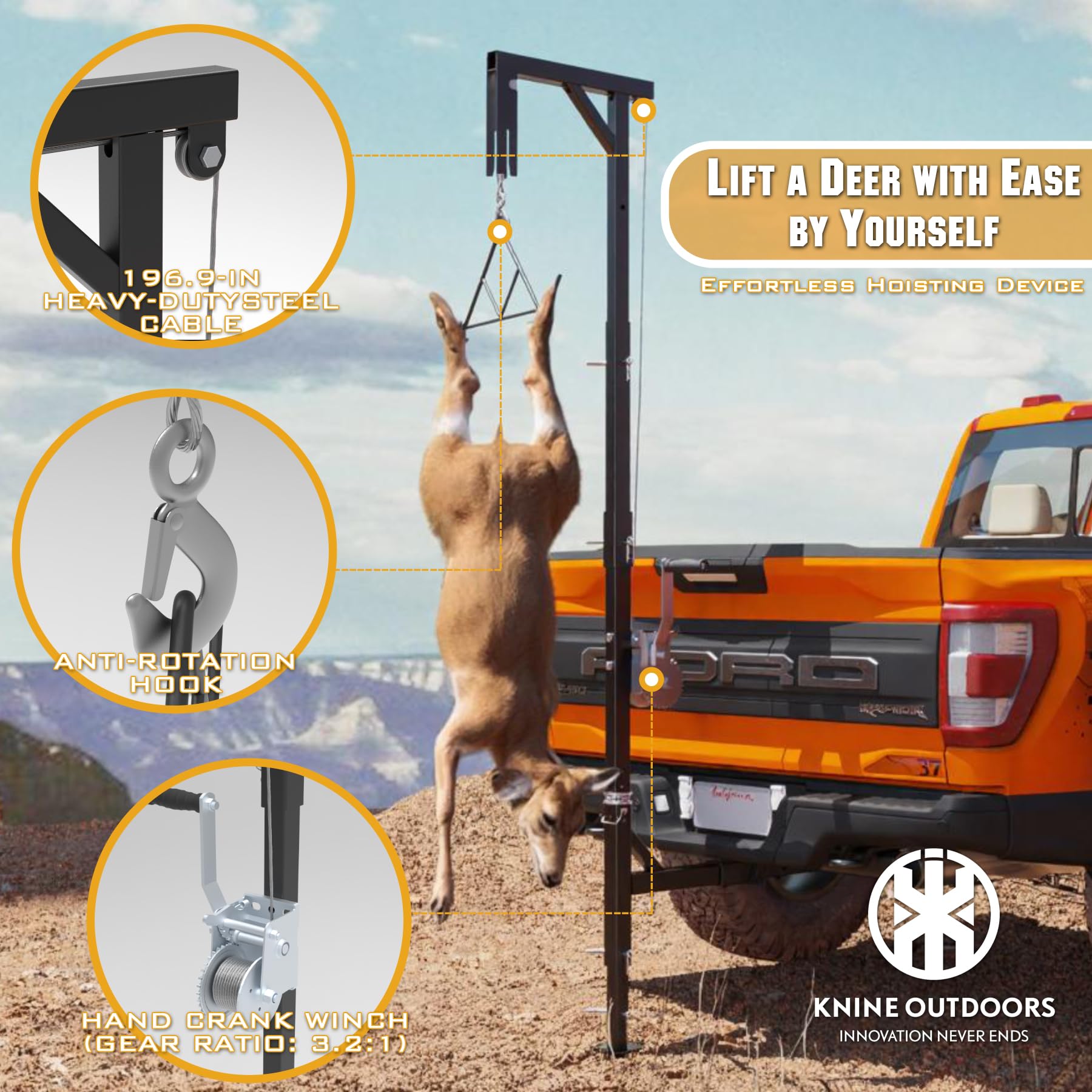 KNINE OUTDOORS Portable Game Hoist with 600 Pounds Capacity Truck Hitch Mount Deer Hanger with 360 Degree Swivel Complete Hoist Kit with Winch and Gambrel for Hunting Season Game up to 600lbs