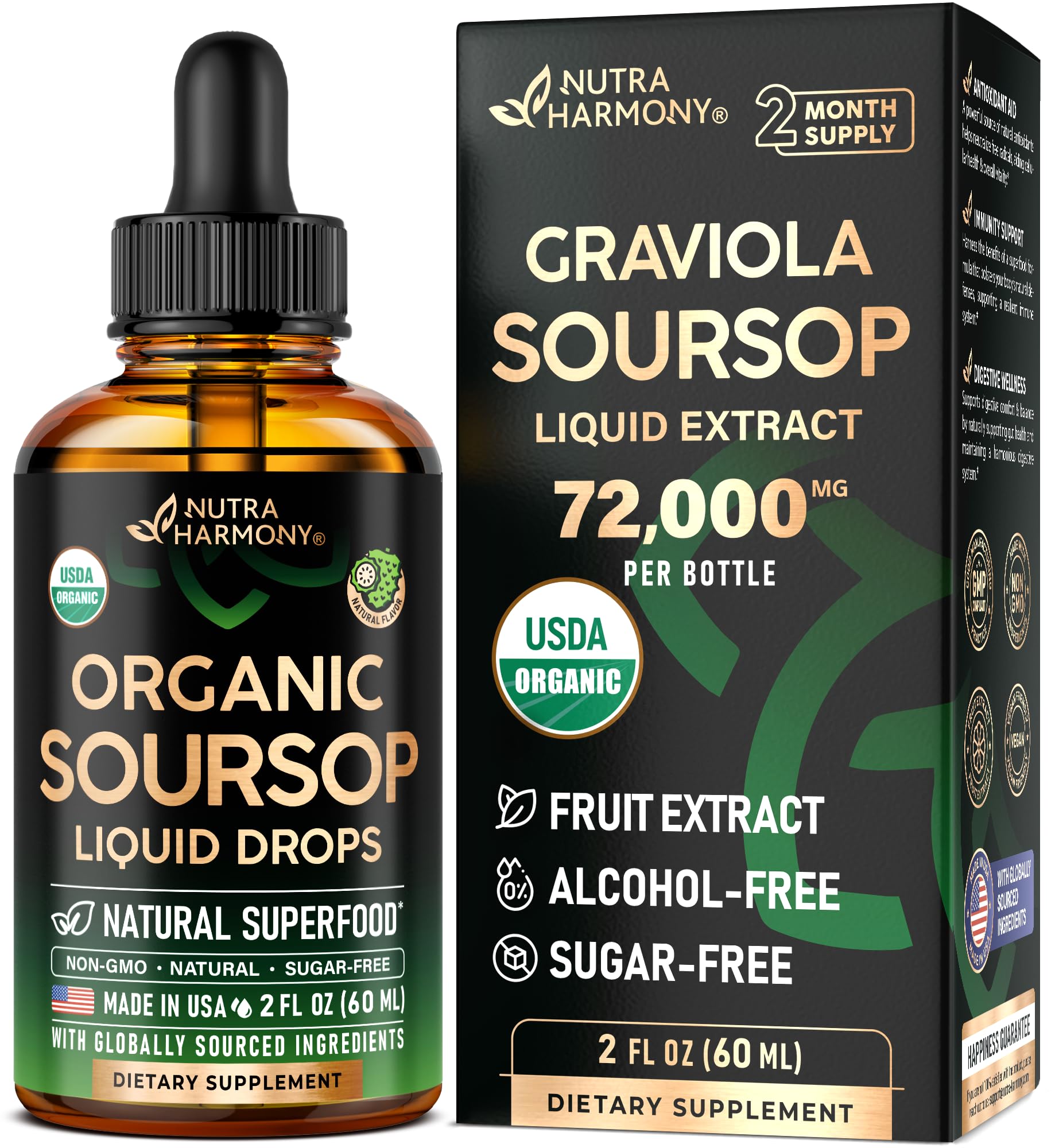 USDA Organic Soursop - Soursop Bitters Liquid - Graviola Fruit Extract - Antioxidant for Digestion & Detox | Energy Boost & Immune Support - Sugar & Alcohol-Free, Natural Taste - Made in USA - 2 Fl Oz