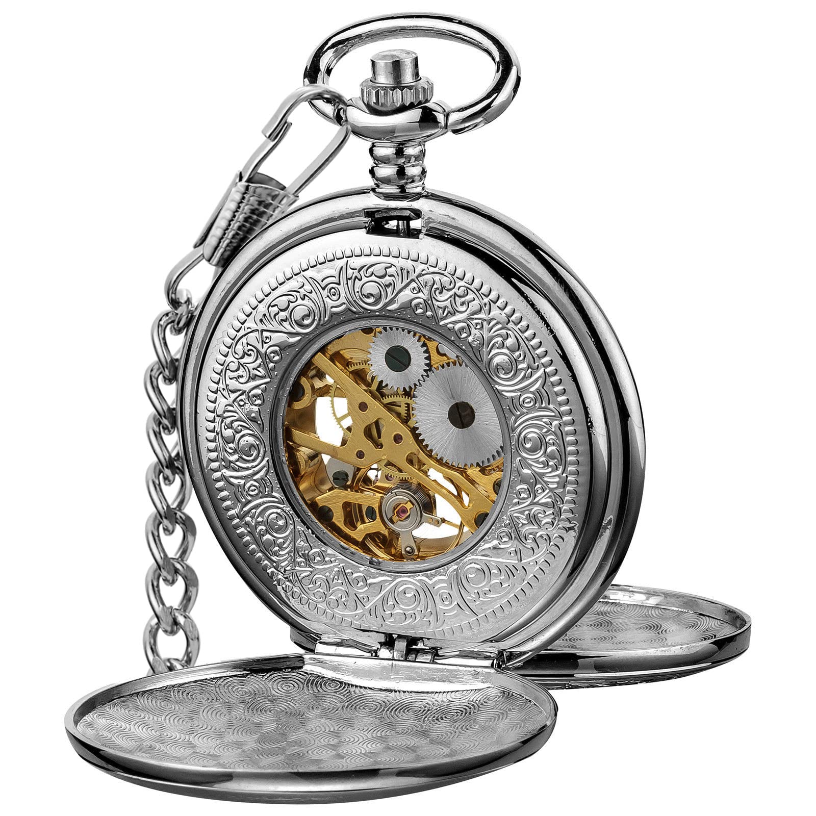 VIGOROSO Mens Pocket Watch with Chain Half Hunter Double Cover Skeleton Mechanical Men Watches Roman, Dad Christmas Gifts for Fathers Day