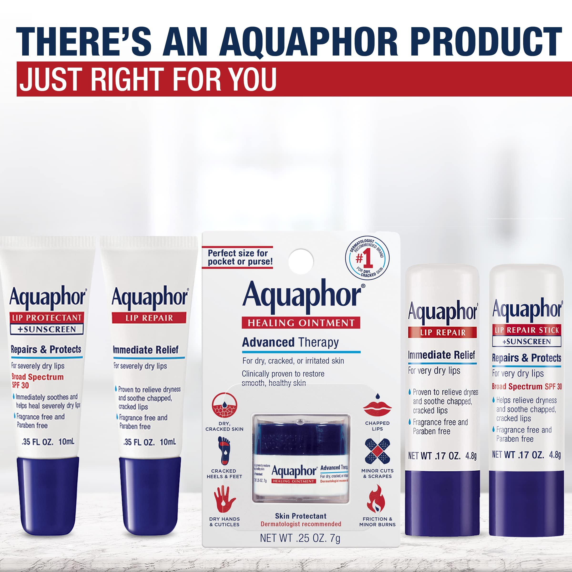 Aquaphor Lip Repair Ointment - Long-lasting Moisture to Soothe Dry Chapped Lips - .35 fl. oz. Tube