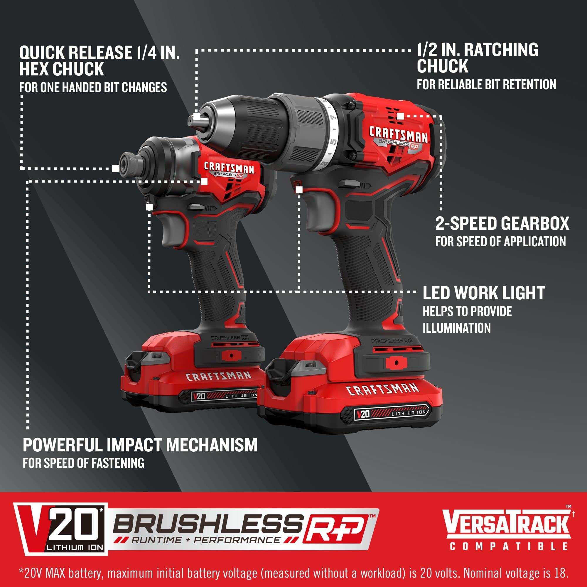 CRAFTSMAN V20 RP Cordless Drill and Impact Driver, Brushless Power Tool Combo Kit, 2 Batteries and Charger Included (CMCK211C2)