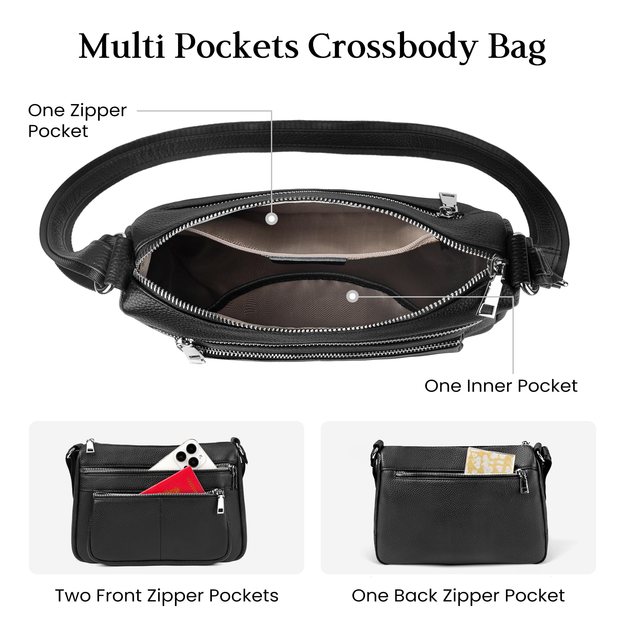 befen Black Genuine Leather Crossbody Bags for Women, Woman Medium Cross Body Shoulder Purses Handbags with Multi Zipper Pockets