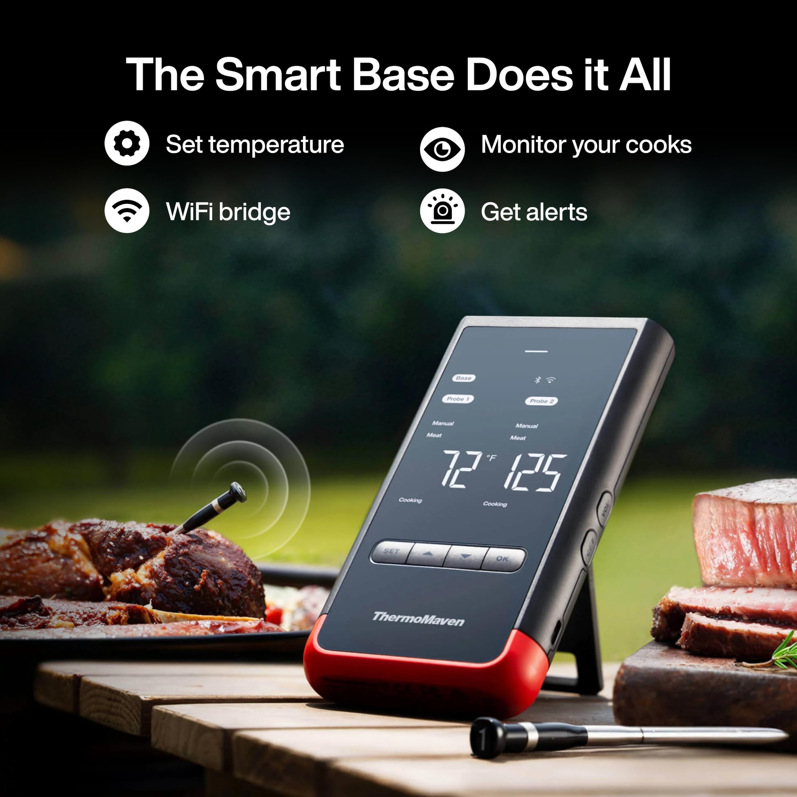 ThermoMaven Wireless Bluetooth Smart Meat Thermometer: Standalone Base, WiFi Unlimited Range, 6 Sensors with NIST Certified Accuracy, 2 Probes, for BBQ, Grill, Oven, Smoker, Rotisserie (Red)