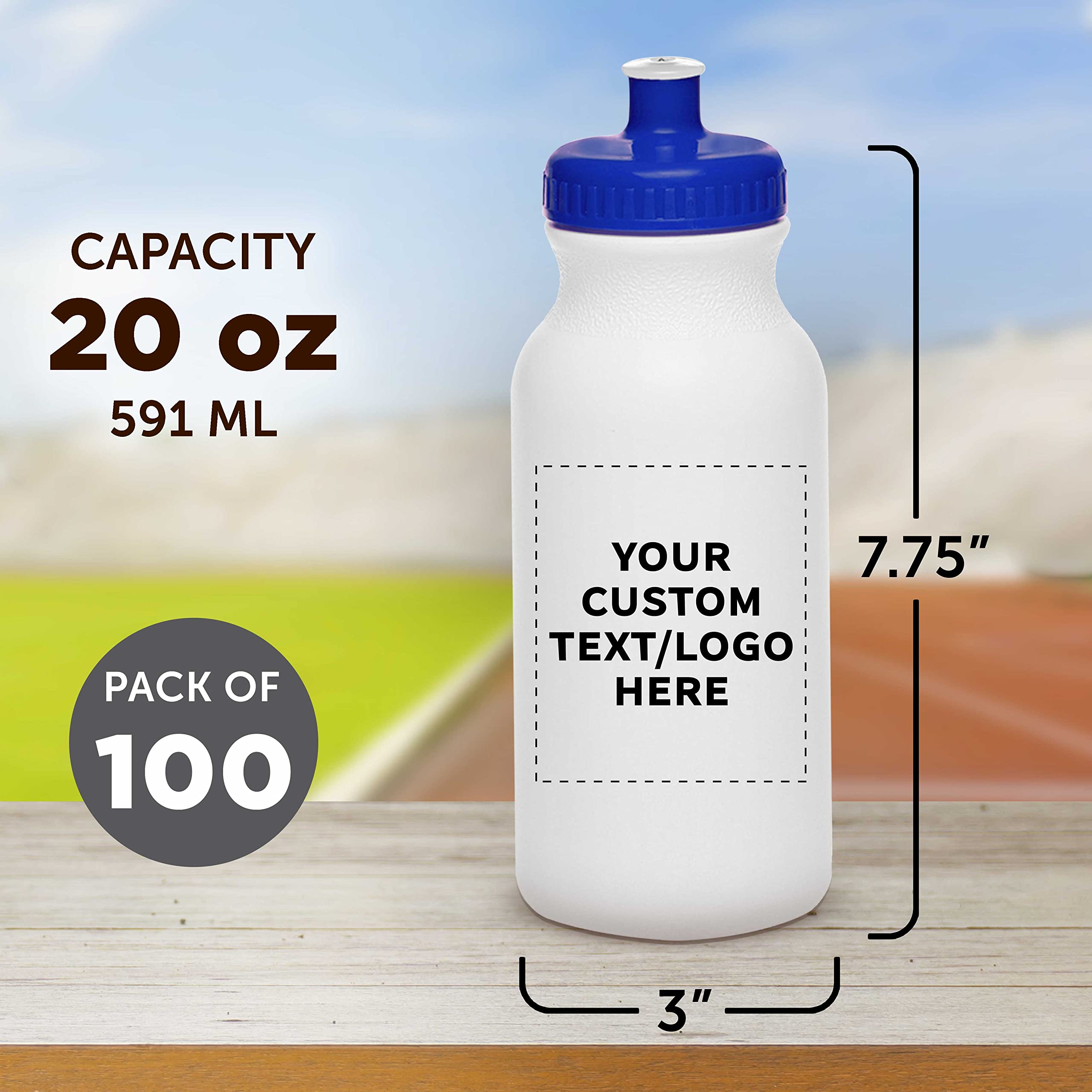 DISCOUNT PROMOS Custom White Water Bottles with Push Cap -100 pack, Customizable Text, Logo, 20 oz, Reusable BPA FREE Squeezable Bottles in Bulk, White Blue