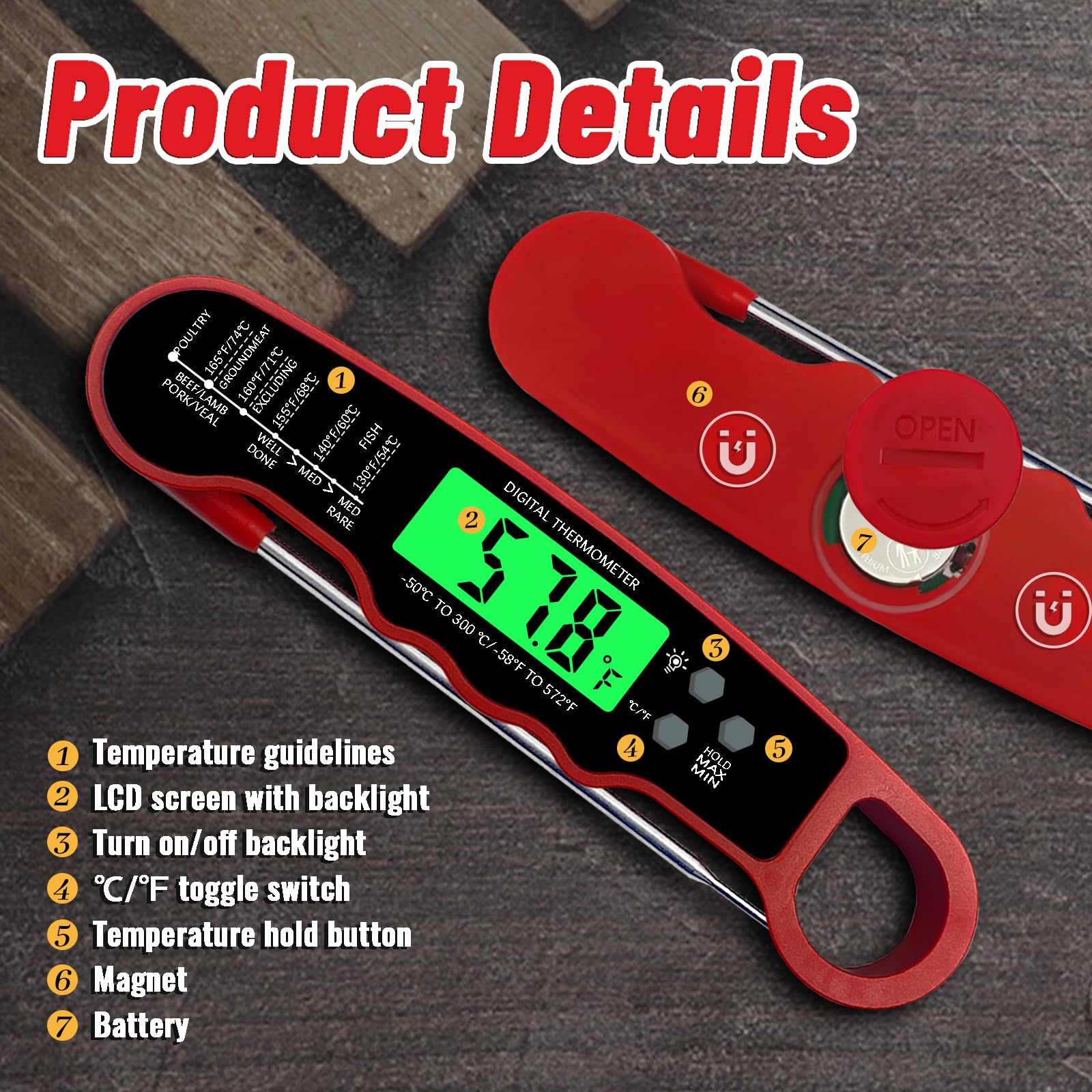 Meat Thermometer Digital, IP67 Waterproof Food Thermometer for Cooking and Baking, Instant Read Meat Thermometer with Backlight, Hold Function & Magnet for Kitchen, Beef, Grill, BBQ, Candy, Turkey