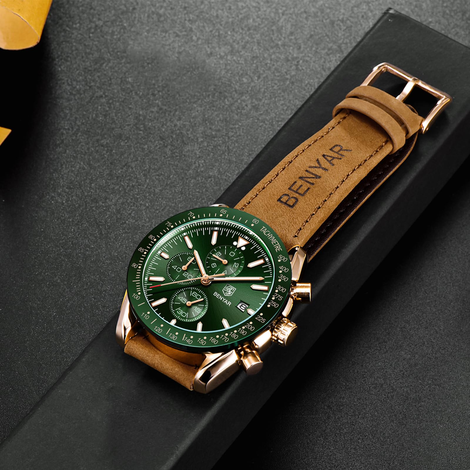 BENYAR Classic Fashion Quartz Chronograph Watch Casual Sport 30M Waterproof Leather Band Mens Watches (Green)