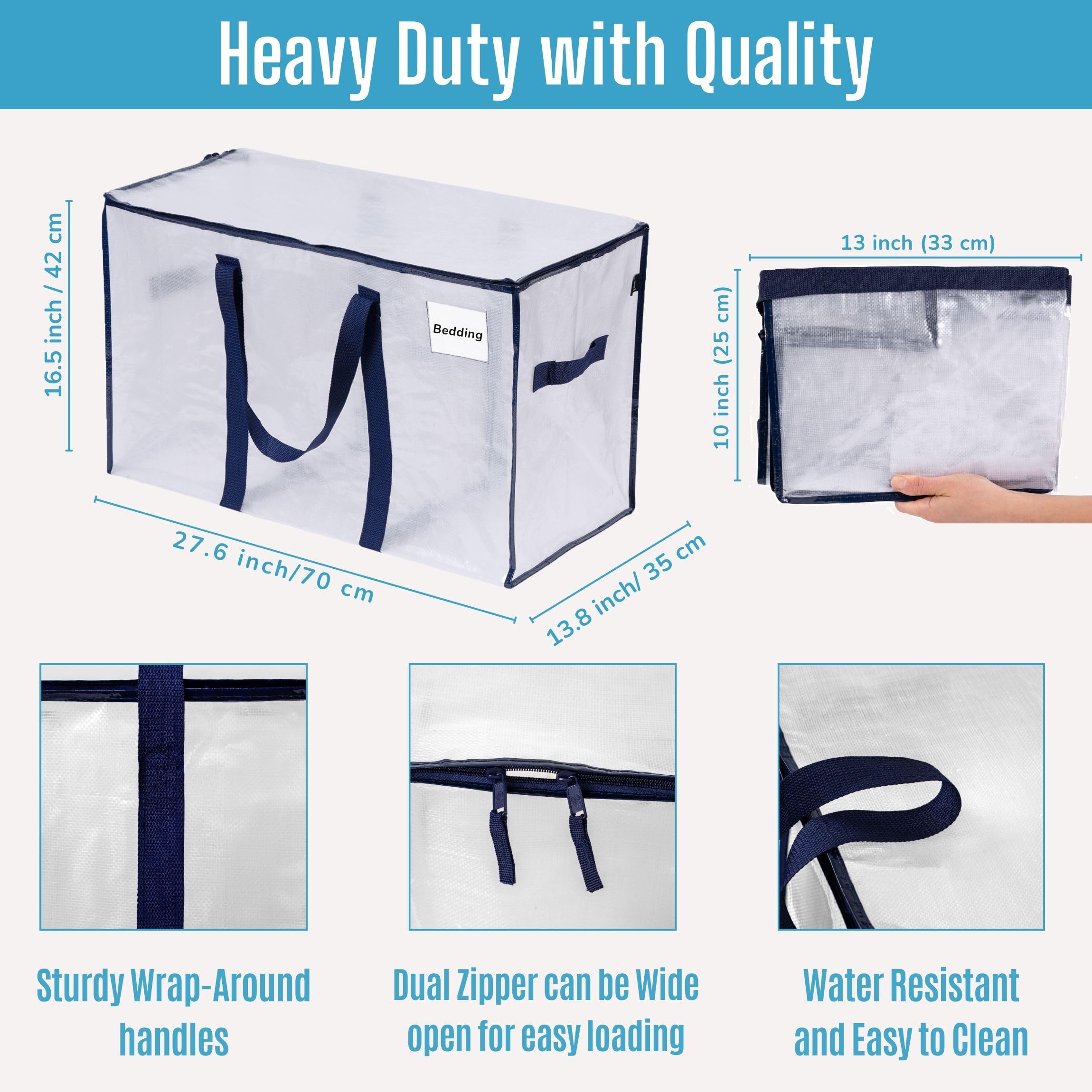 VENO 4 Pack Moving Bags, Moving Supplies, Moving Boxes, College Packing Storage Boxes with Lids Alternative, Heavy Duty Totes, Extra Large, Sturdy Handles, Zipper, for Packaging (Clear, 4 Pack)