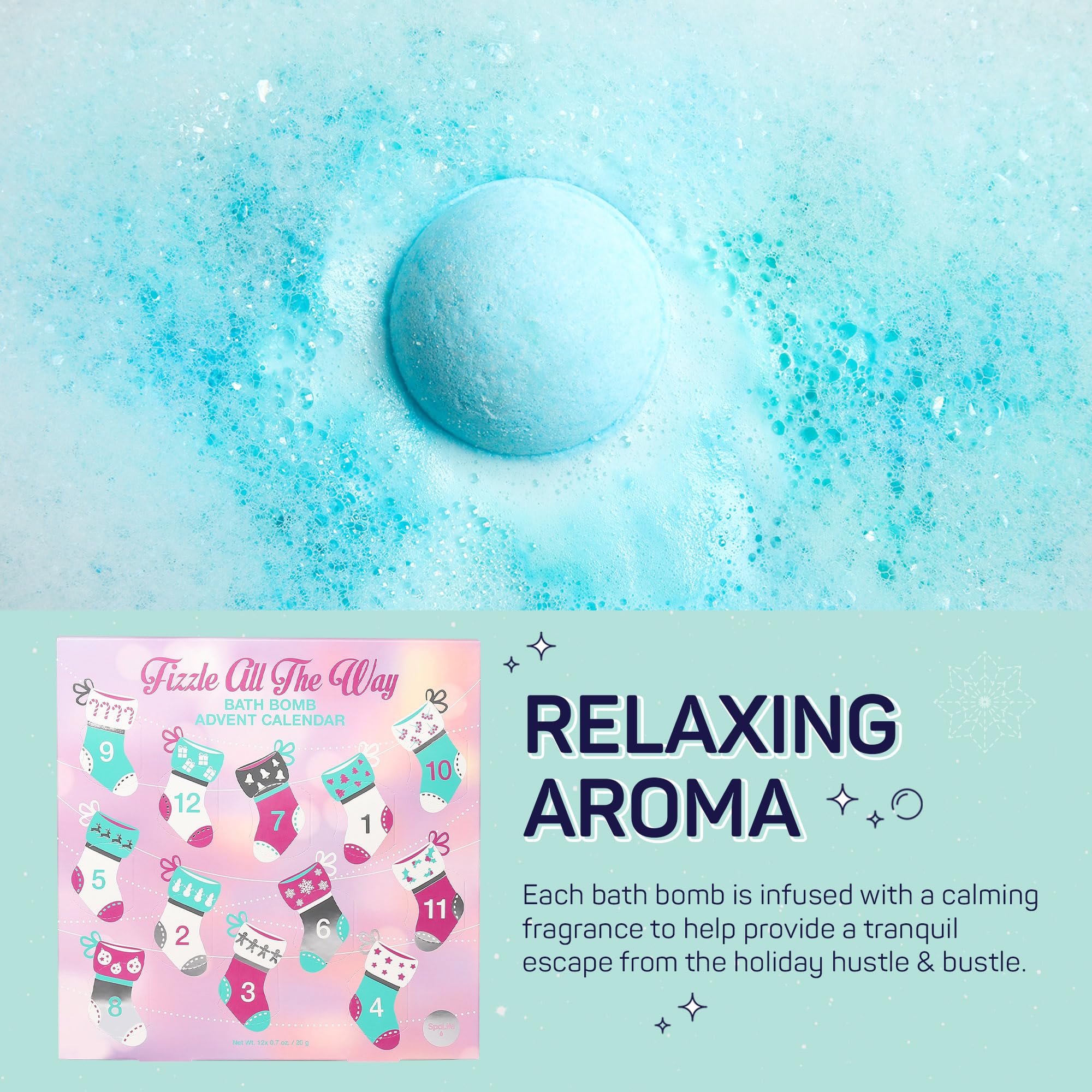 SpaLife Fizzle All The Way Bath Bomb Advent Calendar - 12 Days of Relaxation and Fun - Relaxing and Rejuvenating Bath Bombs - Perfect Christmas Holiday Gift Set