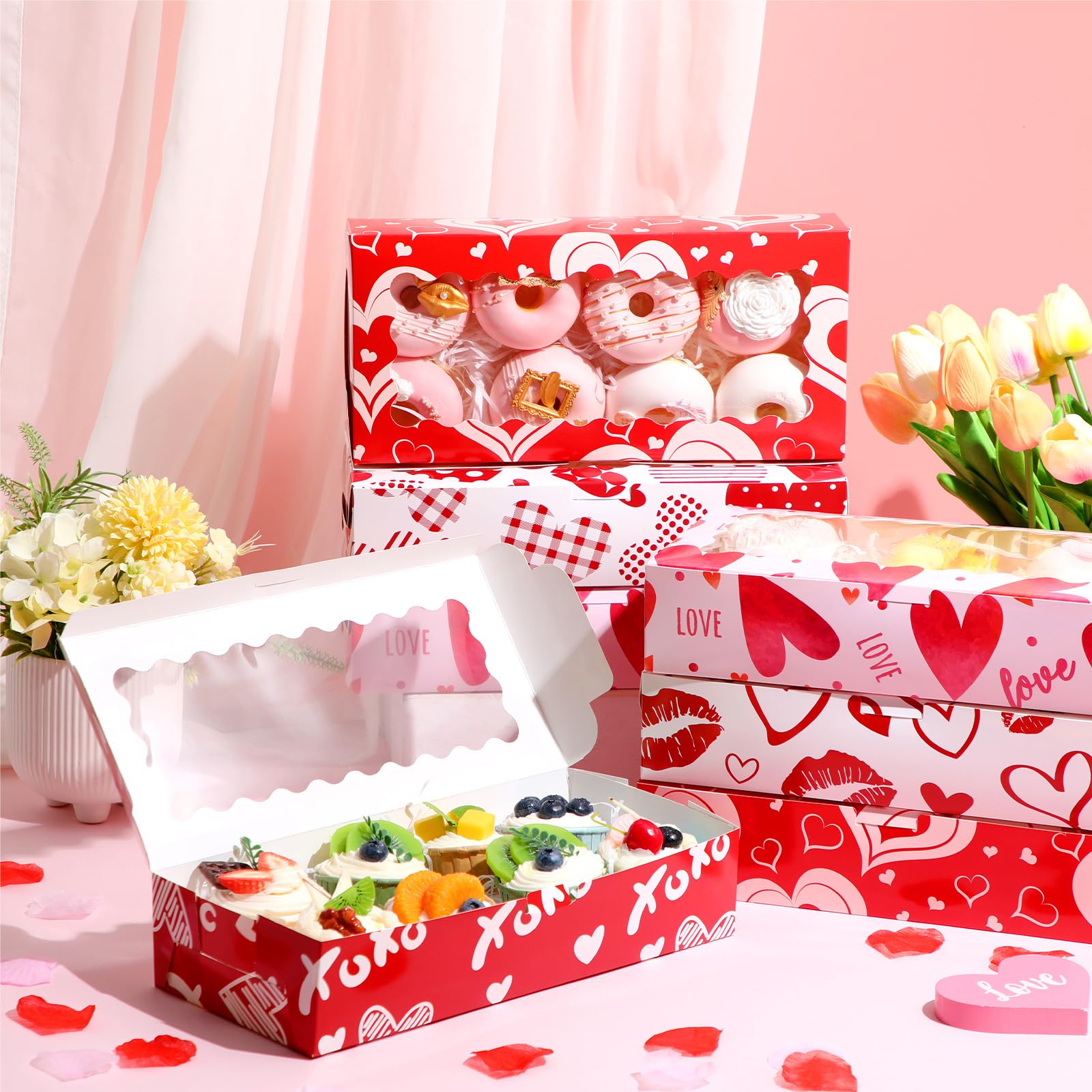 Resurhang 100 Pieces Valentines Cookie Boxes with Window Valentine's Day Treat Boxes 12'' x 5.5'' x 2.5'' Heart Bakery Boxes Valentines Cupcake Gift Boxes Decorations for Valentine Party Favors