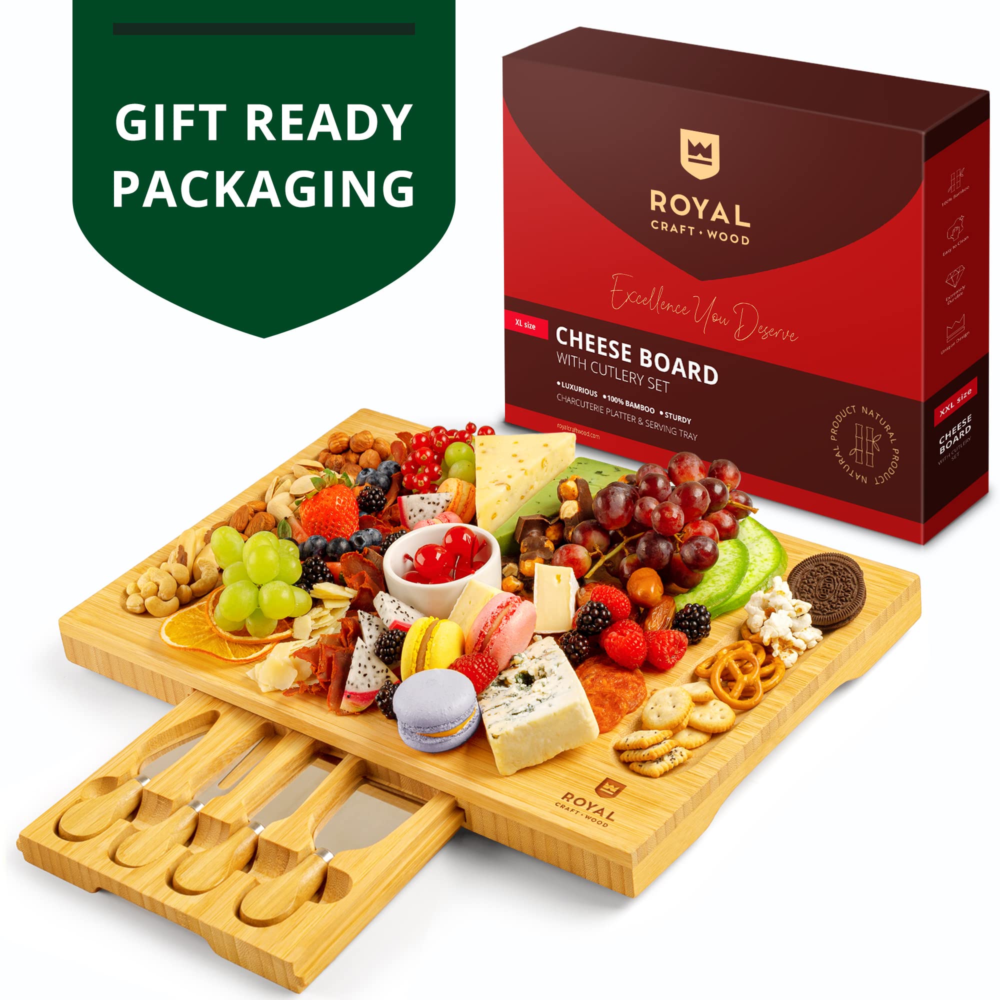 ROYAL CRAFT WOOD Premium Bamboo Charcuterie Board Set - Cheese Platter & Serving Tray & Serving Utensils - Perfect Housewarming Gift, Wedding, Bridal Shower Gift - Ideal for Entertaining and New Home