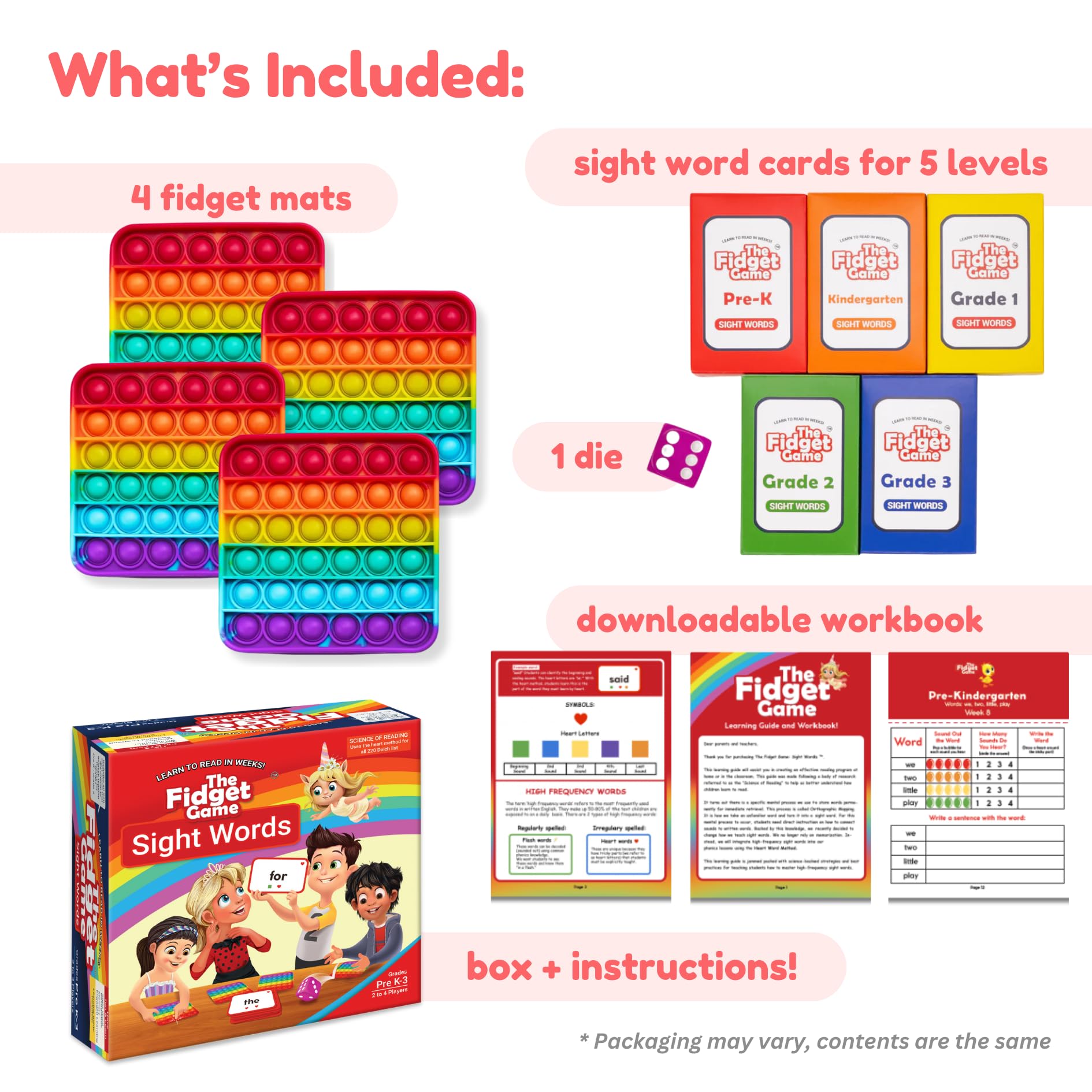 The Fidget Game Learn to Read in Weeks Master 220 High-Frequency Dolch Sight Words Curriculum-Appropriate Reading Game for Pre-K to Grade 3 - NO-Letters Popping Mats & Dice