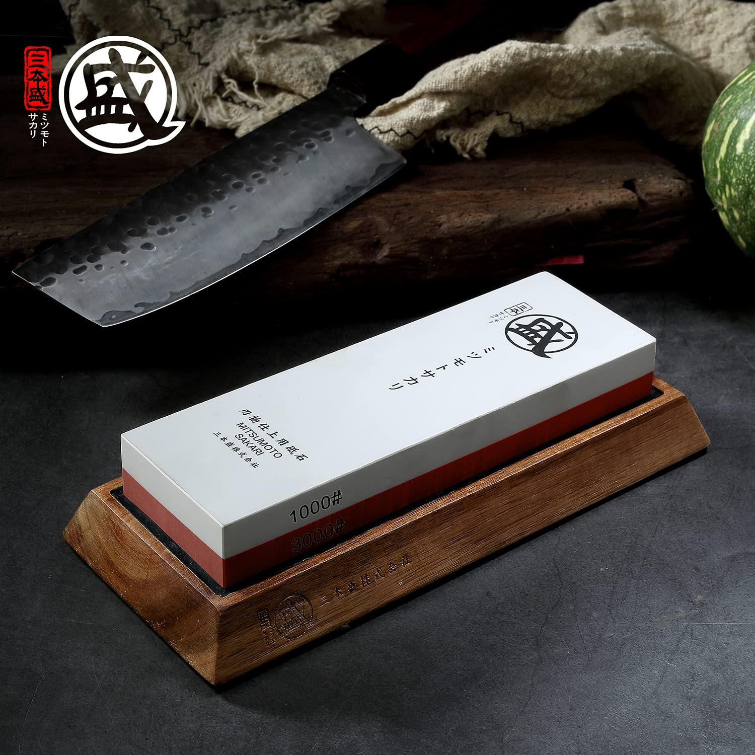 MITSUMOTO SAKARI Japanese Knife Sharpening Stone, Professional Kitchen 1000/3000 Grit Knife Sharpener Stone, Non-Slip Wooden Seat whetstone knife sharpener