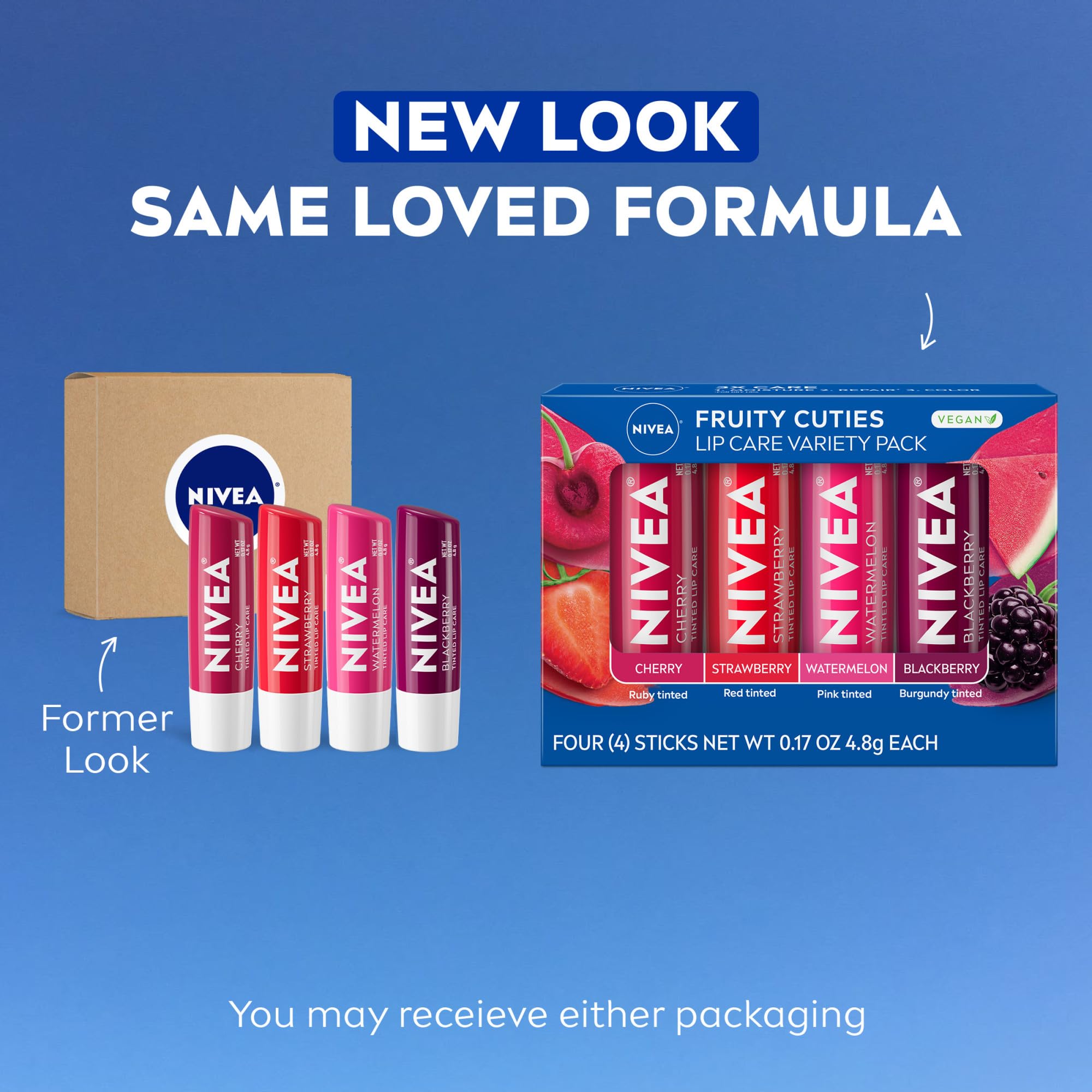 NIVEA Lip Care, Fruity Tinted Lip Balm Variety Pack, Galentine's Day Gifts for Her, With Cherry, Strawberry, Blackberry and Watermelon Flavors, 0.17 Oz Stick, Pack of 4