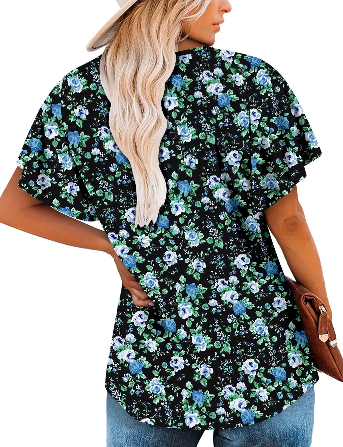 ONLYSHE Womens Tops Dressy Casual Summer Tops Floral Short Sleeve Tunic Blouse Shirts BlackBW XL