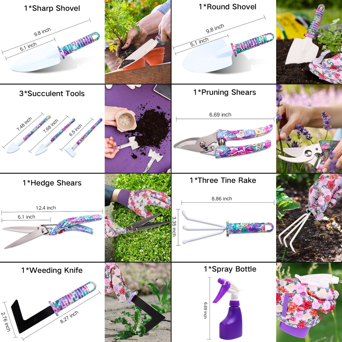 Garden Tools Set, JUMPHIGH 10 Pieces Gardening Tools with Purple Floral Print, Ergonomic Handle Trowel Rake Weeder Pruner Shears Sprayer, Garden Hand Tools with Carrying Case Gardening Gifts for Women