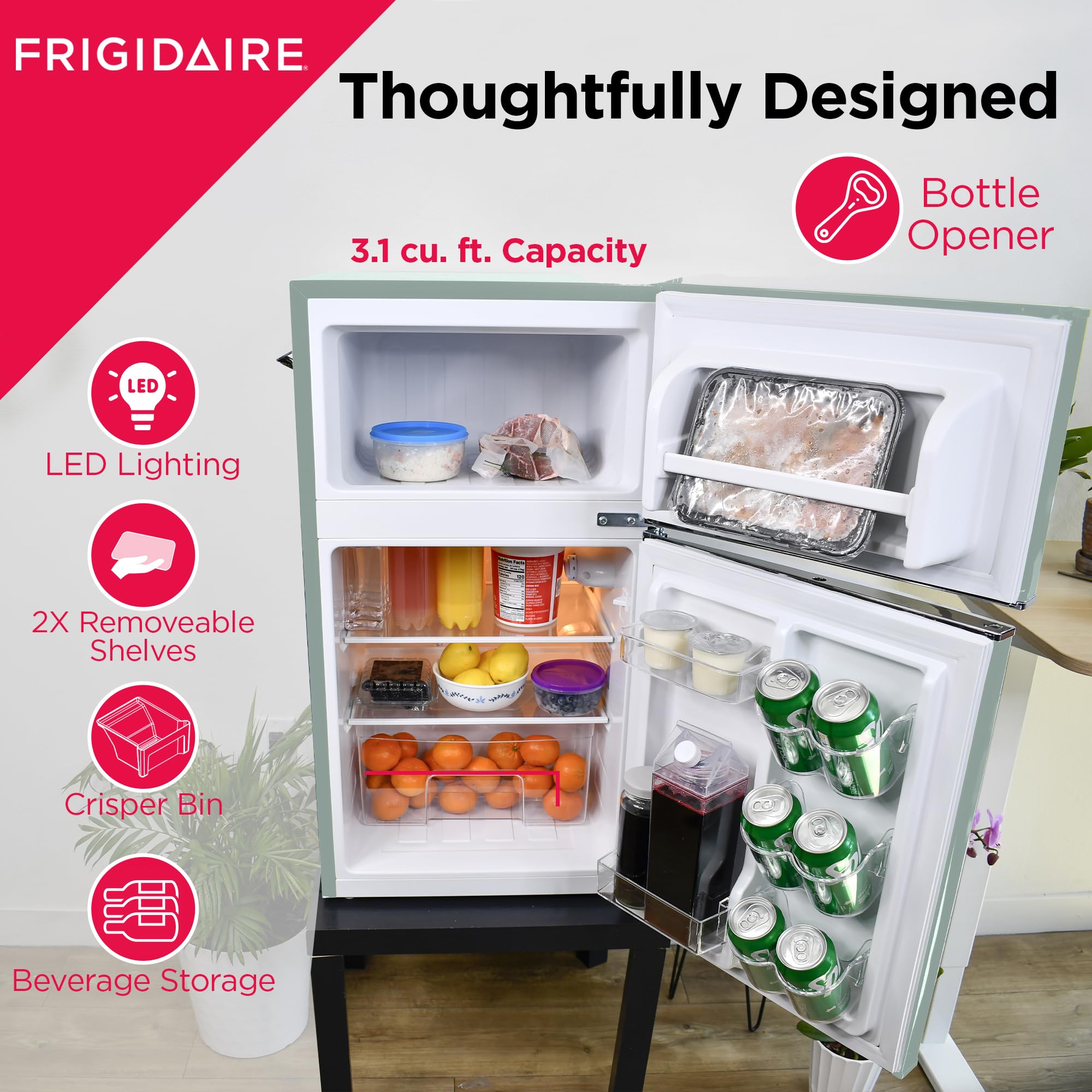 Frigidaire EFR840-MINT EFR840 Retro Mini Fridge with Freezer & Side Bottle Opener-Small 2 Door Refrigerator for Office Bar or College Dorm Room-3.2 Cu Ft – 19”"D x 20.5"W x 33.5"H (Mint)