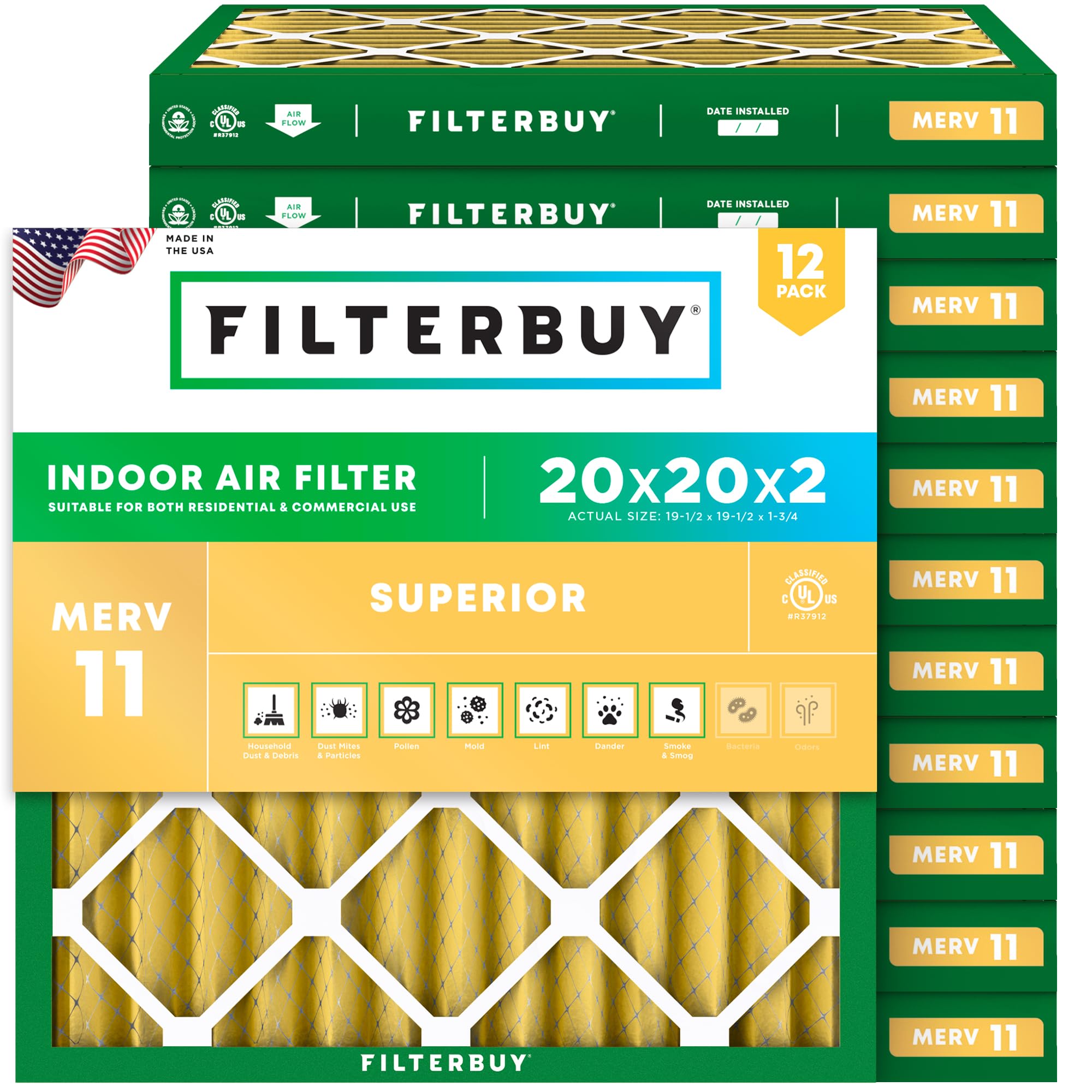 Filterbuy 20x20x2 Air Filter MERV 11 Allergen Defense (12-Pack), Pleated HVAC AC Furnace Air Filters Replacement (Actual Size: 19.50 x 19.50 x 1.75 Inches)