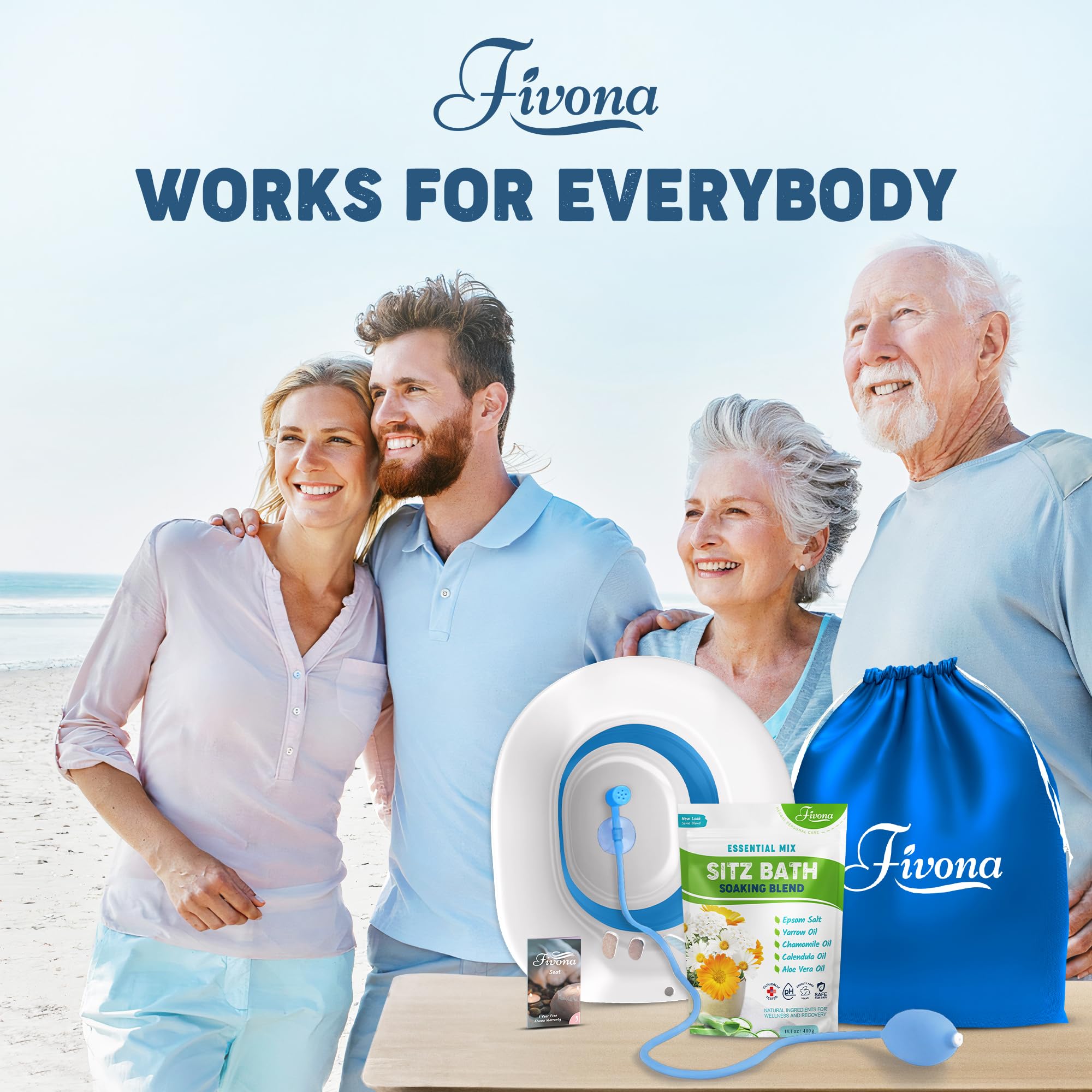 Fivona 4-in-1 Sitz Bath Soak Kit for Hemorrhoids and Postpartum Care 1 Pack of Blend Made of Epsom Salt and Essential Oils Toilet Expandable Seat Storage Bag and Hand Pump for at Home Perineal Soaking